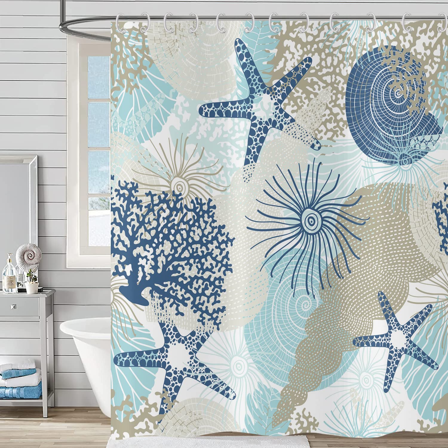 Hnmdmyi Nautical Coastal Shower Curtain 120x180, Beach Themed Starfish Conch Coral Shower Curtains Ocean Marine Life Bathroom Curtains Waterproof Polyester Fabric Washable Bath Curtains with Hooks