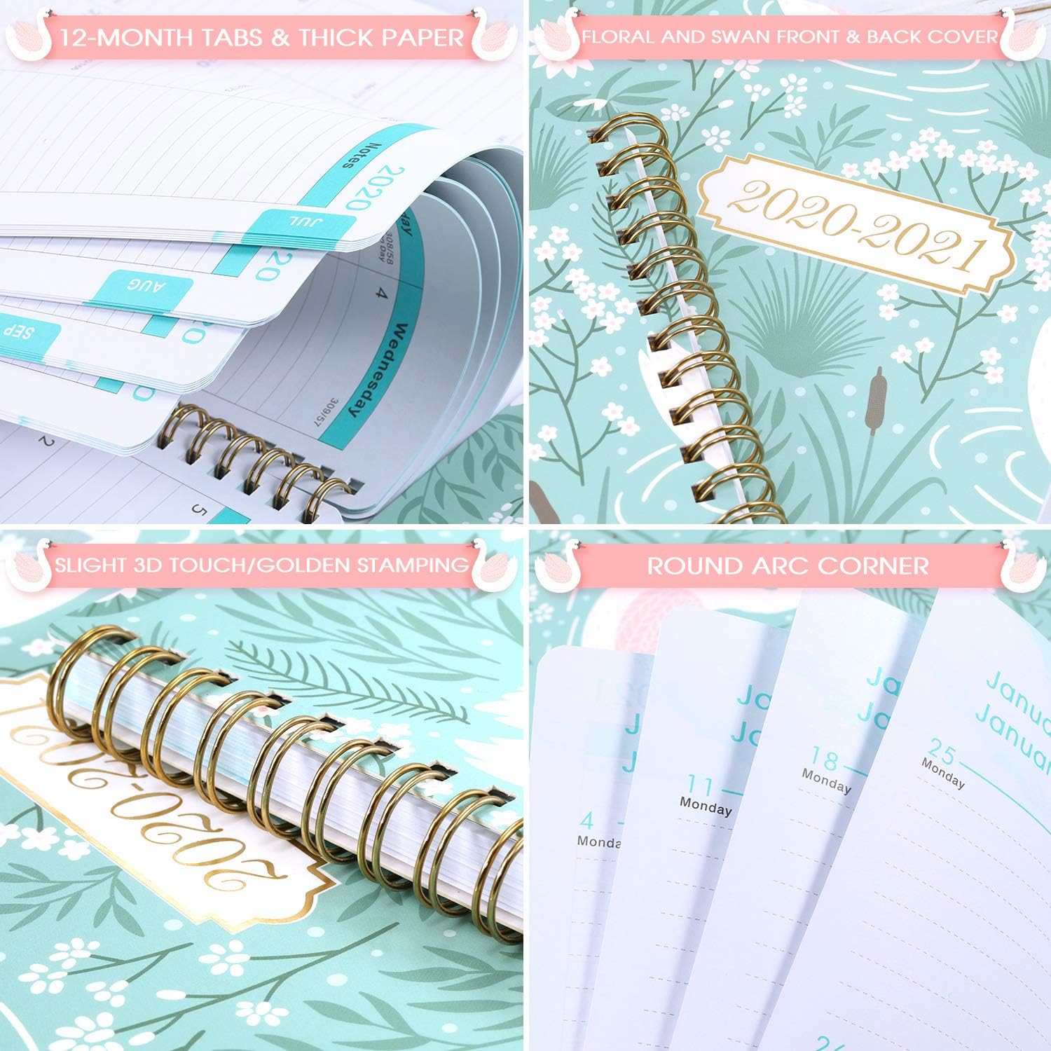 2021-2022 Monthly Planner/Calendar - 18-Month Planner with Tabs & Pocket, Contacts and Passwords, 8.5" x 11", Thick Paper, Jul. 2021 - Dec. 2022, Twin-Wire Binding - Swan and Floral