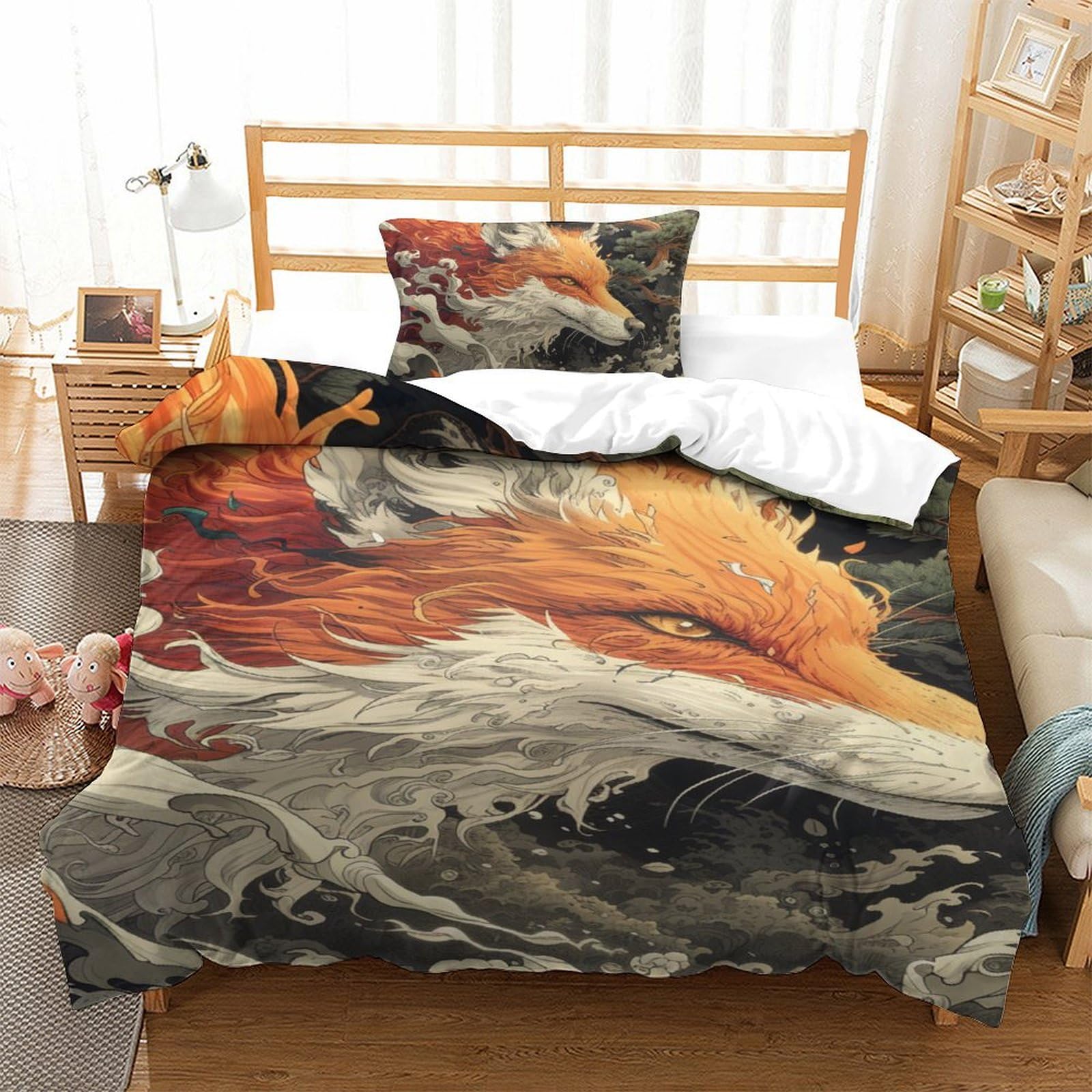 Housse de couette renard 3D et parure de lit microfibre respirante 135x200 cm lit simple.