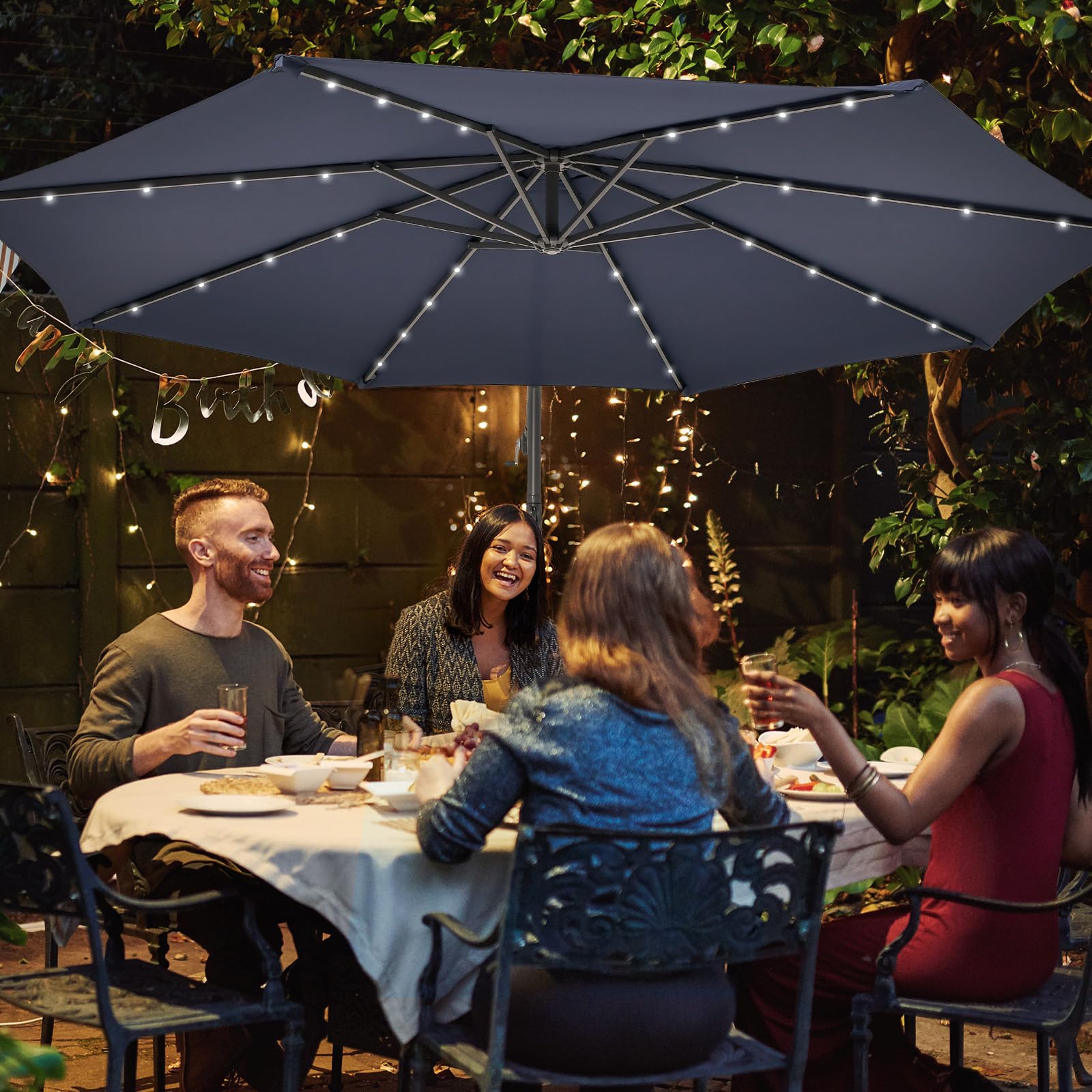 KOMFOTTEU Parasol przeciwsłoneczny LED o średnicy 300 cm, parasol przeciwsłoneczny z workami na piasek i korbą, parasol ogrodowy, składany z możliwością pochylenia, parasol tarasowy z ochroną przed