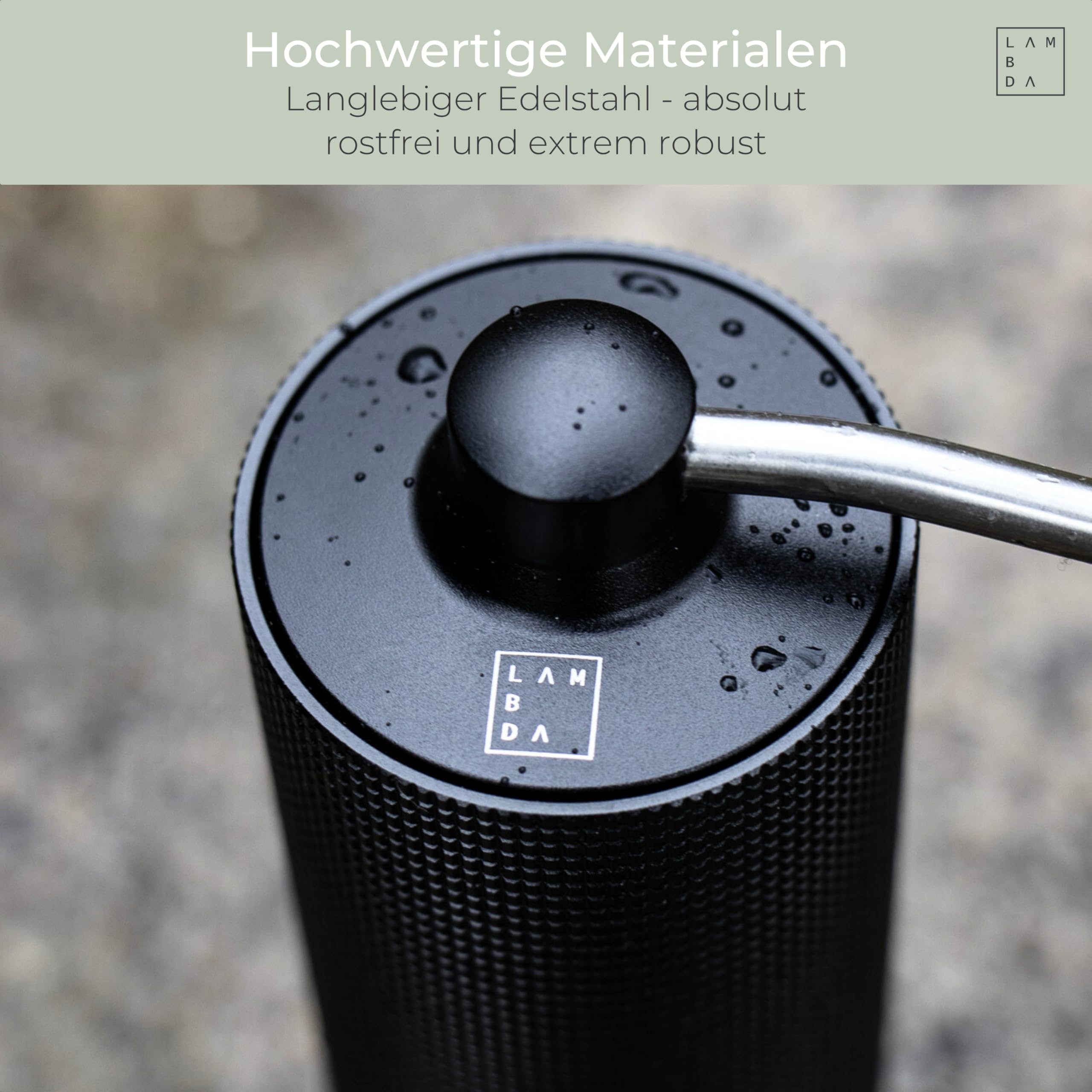 LAMBDA COFFEE® TERRA SIGMA I Espressomühle mit 108 einstellbaren Mahlgraden mit 0,055mm Einstellpräzision I Edelstahl Mahlwerk I leichtes Aluminium-Gehäuse I Hand Kaffeemühle manuell