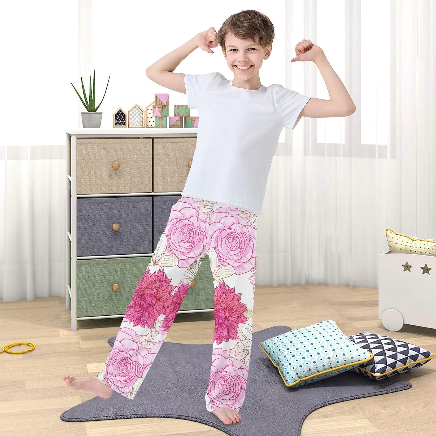 J JOYSAY Dahlia Rose Floral Sketch Pajamas Pants Soft Long Pajama Bottoms Lounge Sleep Pants Size S-XL