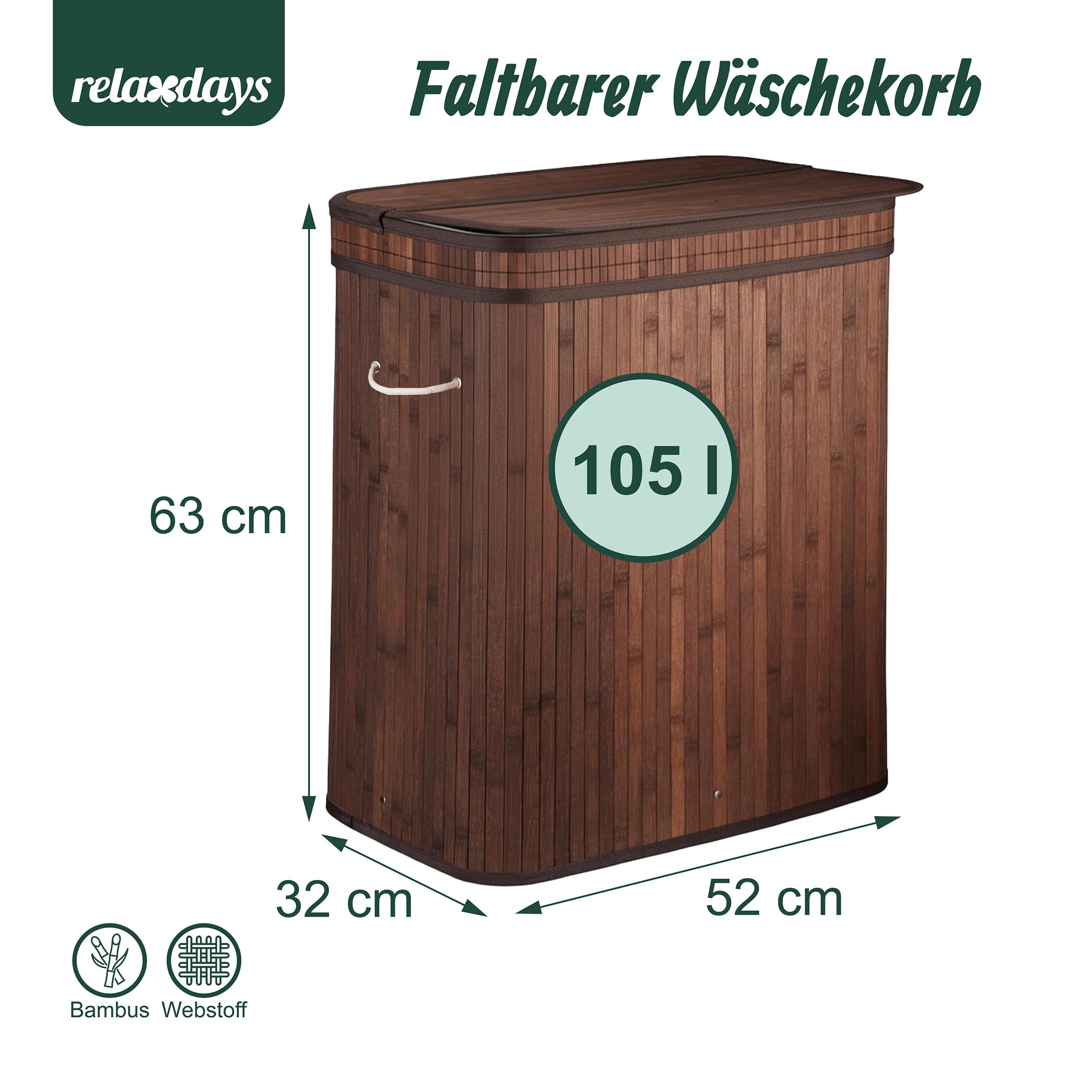 Relaxdays Wäschekorb mit Deckel, 3 Fächer, Bambus, 105 l, faltbar, HxBxT: 63x52x32 cm, Wäsche Sortiersystem, Dunkelbraun