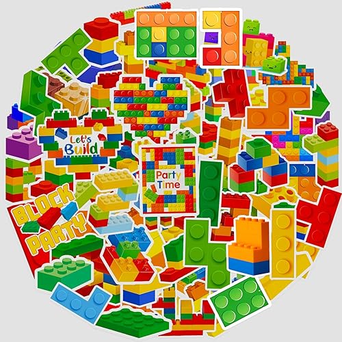 104PCS Building Block Stickers Building Block Party Favors Building Block Birthday Party Supplies Gift Decorations Colorful Bricks Sticker for Brick Themed Birthday Decor