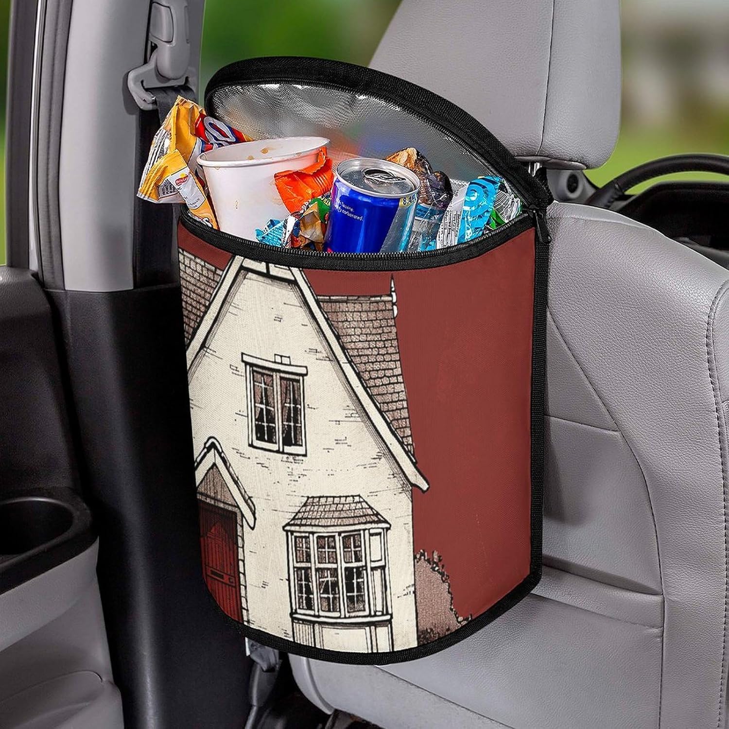 MUSM Leakproof Car Trash Can 2.5 Gallon, Durable Automotive Garbage Bag with Waterproof Liner, White Line House Trash Bag for Car, Truck, RV & Bathroom