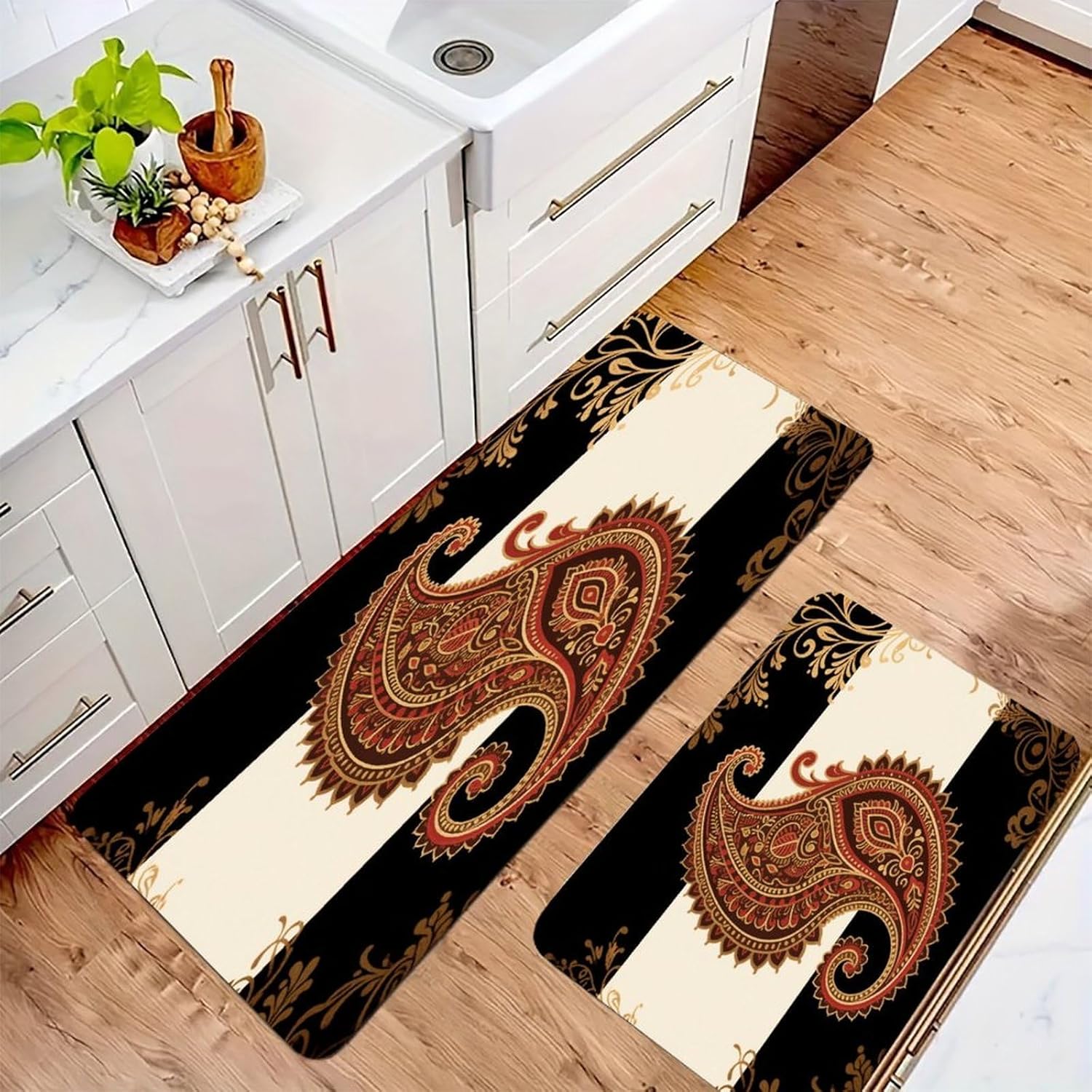 Bohemian Printed Kitchen Mat Set of 2 Ergonomic Comfort Velvet Rugs Cushioned Anti-Fatigue Non-Slip Standing Mats Thick Kitchen Floor Mat Carpet Runner Rugs 16"×24"+17"×47"