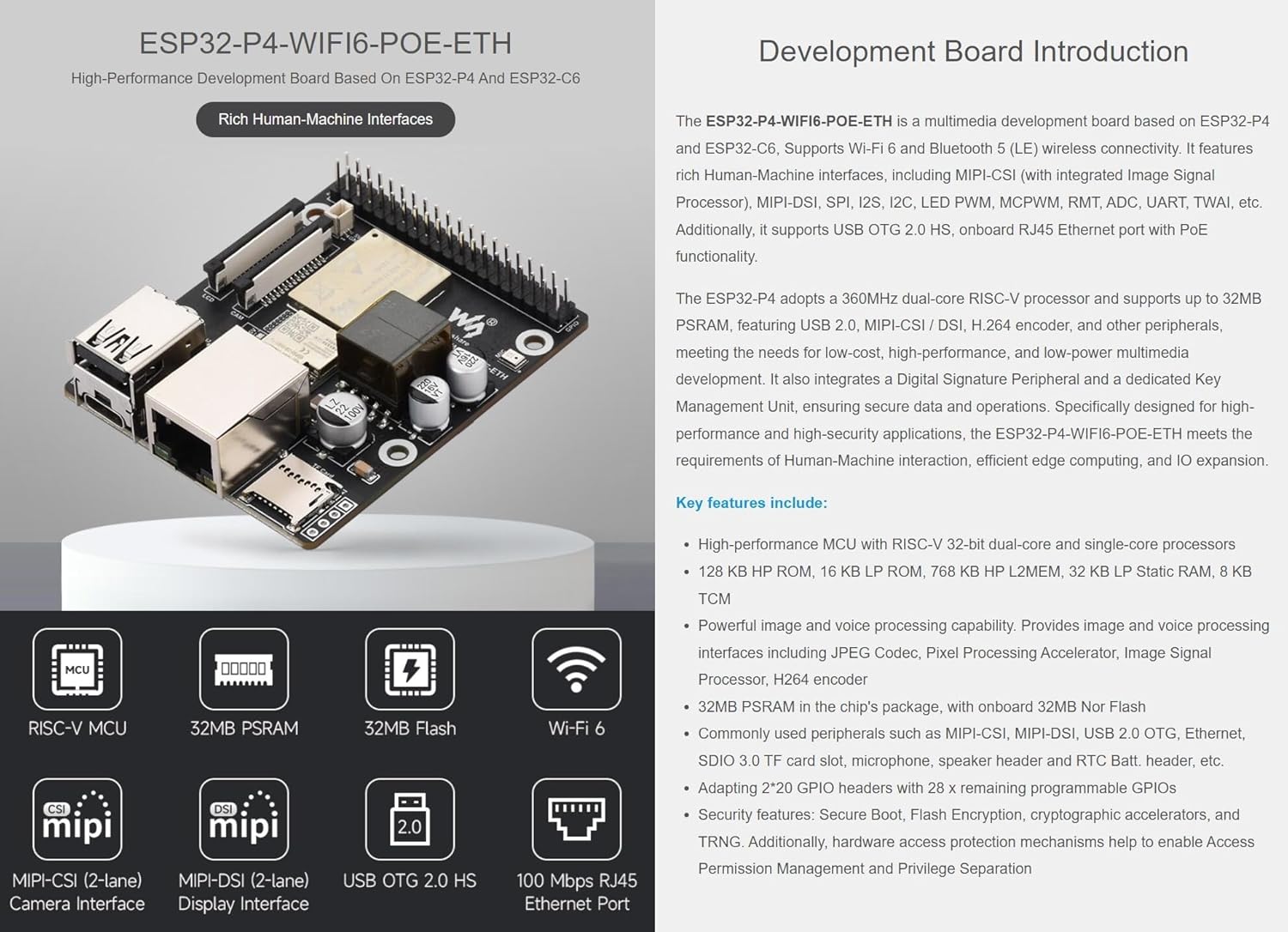 ESP32-P4-WIFI6-POE-ETH 高性能開発ボード ESP32-P4とESP32-C6をベースに、Wi-Fi 6とBLE