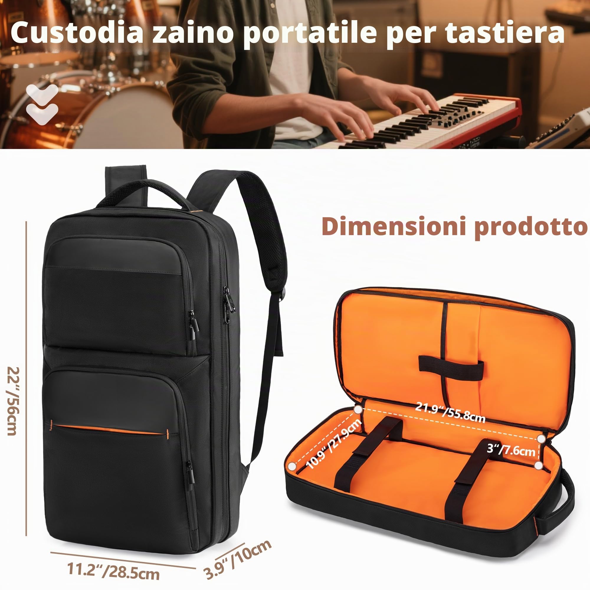 Rexmica Zaino Portatile per Tastiere Pianoforte 37 Tasti, 28,5 x 10 x 56 cm | Borsa Protettiva per Controller MIDI, Custodia per Pianola 37 Tasti, Laptop, Microfoni e Cavi