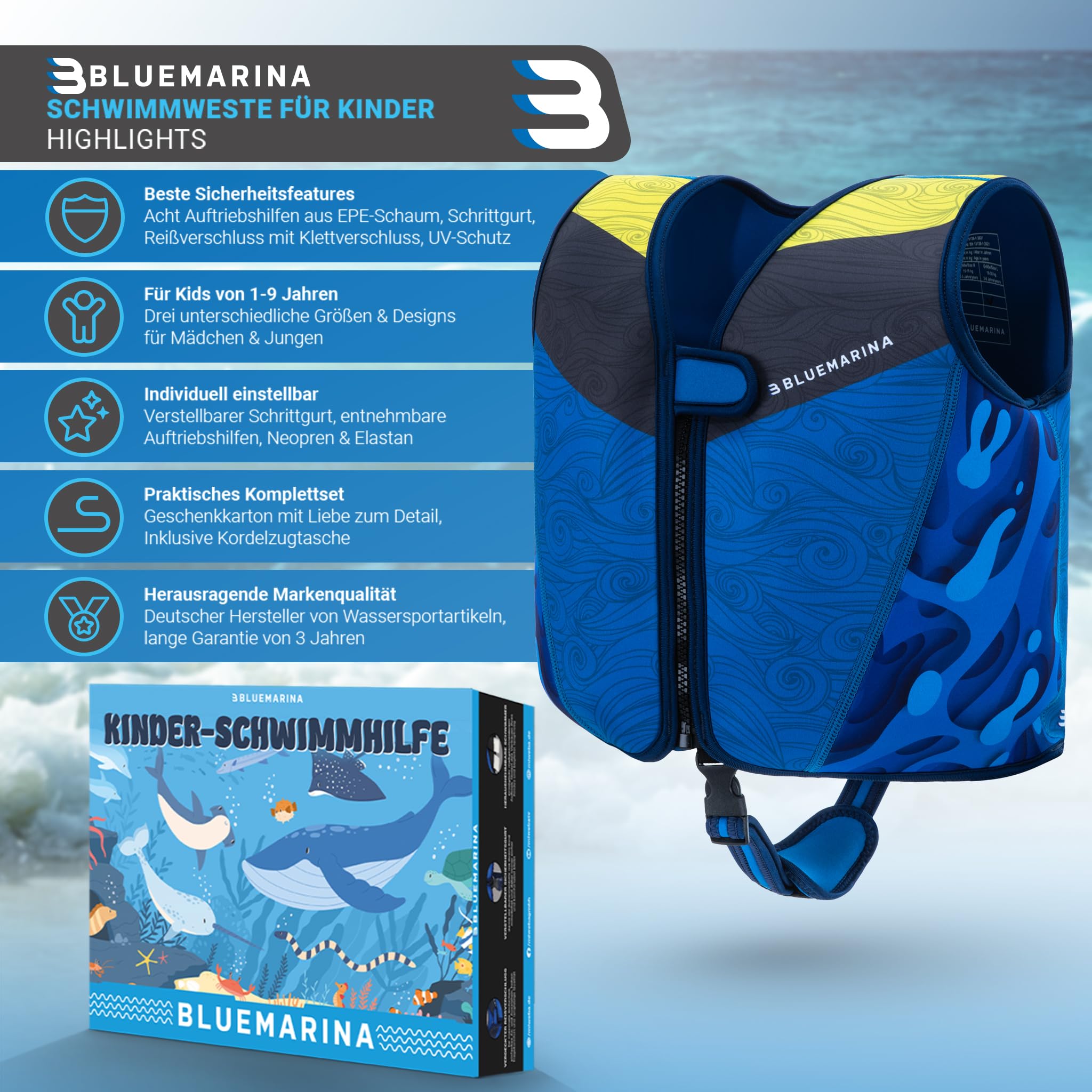 Bluemarina Schwimmweste für Kinder | Verschiedene Größen von Kleinkind bis Baby - Schwimmlernhilfe - Schwimmhilfe - Schwimmflügel - Schwimmring - Schwimm Weste für Kind ab 1-9 Jahren