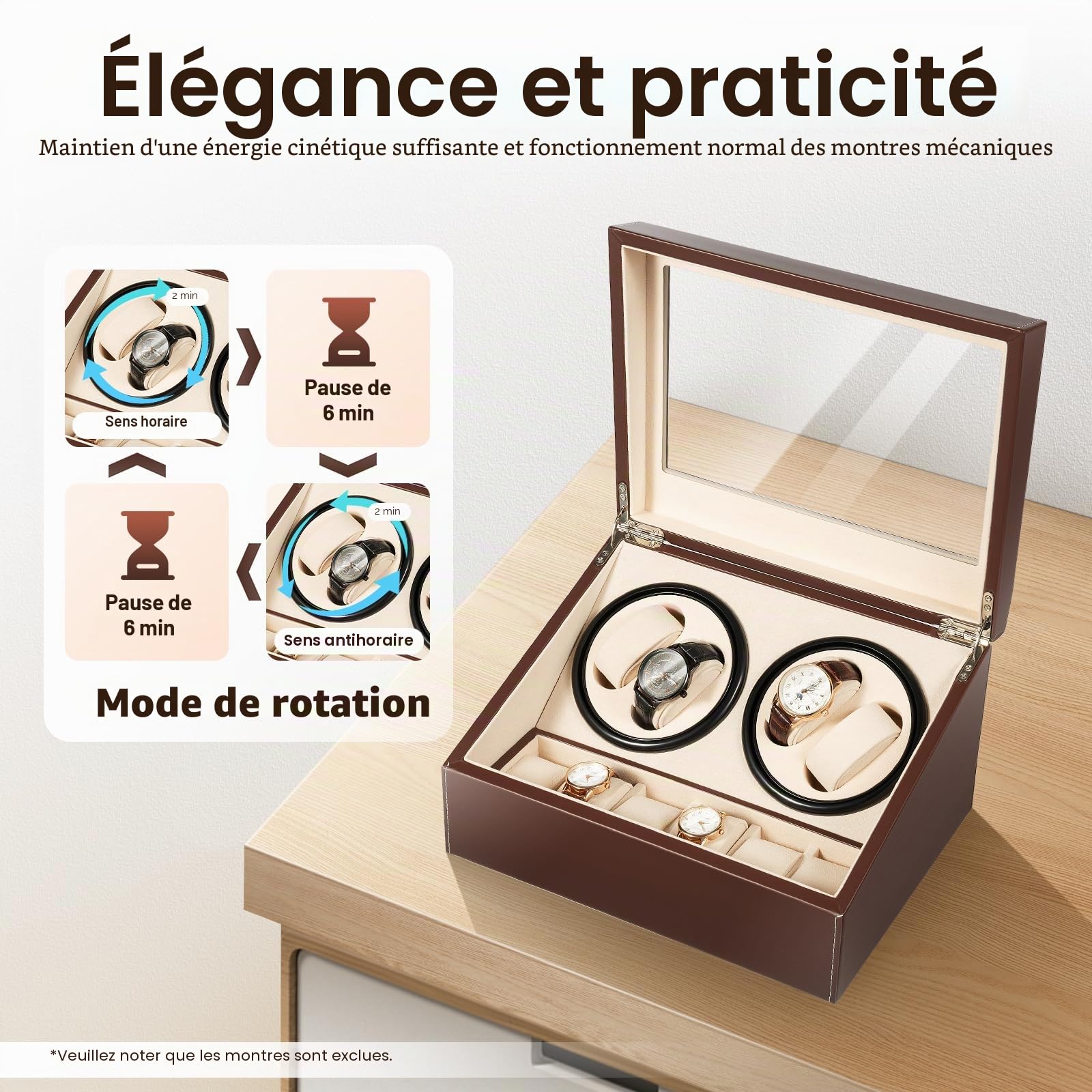 Boîtier Remontoir Montre Automatique 4+6, Remontoir Automatique pour Montre, Automatische Uhrenbeweger Box, Rotation Bidirectionnelle Silencieuse, Convient aux montres mécaniques automatiques