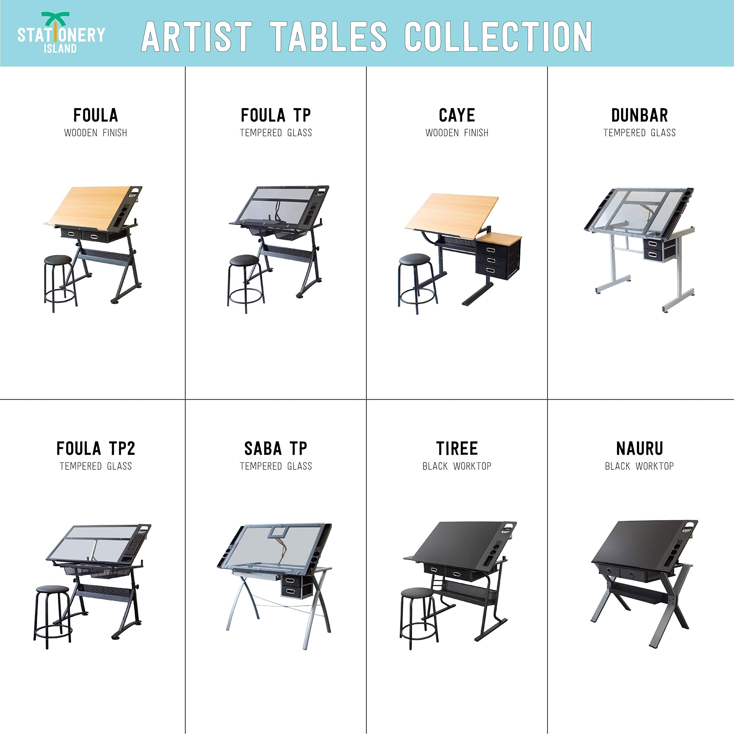 STATIONERY ISLAND Caye Table à Dessin pour l'art et l'Artisanat – Bureau à Dessin Inclinable avec Rangement, Tabouret et Pinces