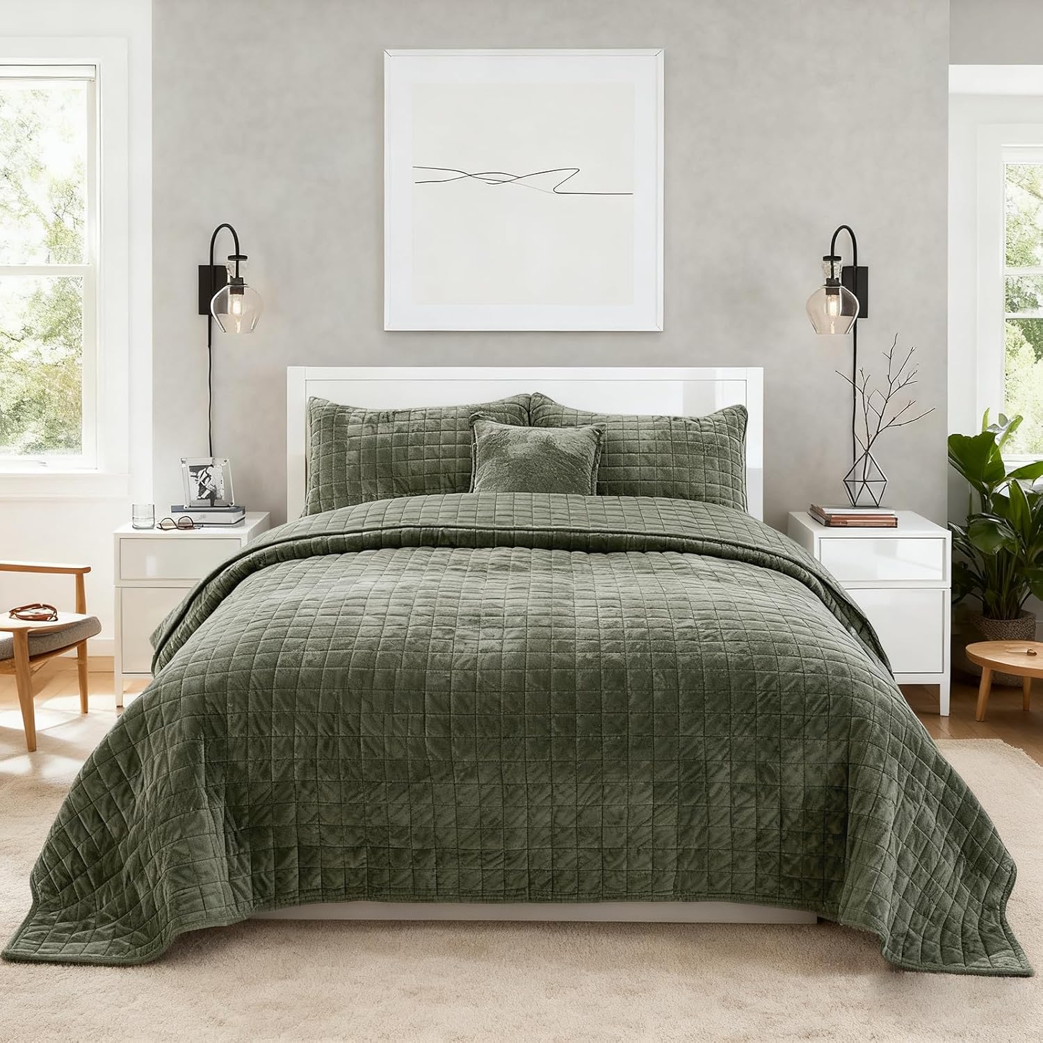 Quilt Set King Size 98x106 Luxurious Velvet Bedding Sets with 2 Pillow Shams 20x36 3 Pieces Ultra Soft Quilted Bedspread Coverlet Comforter for All Season,Army Green Army Green King-98x106