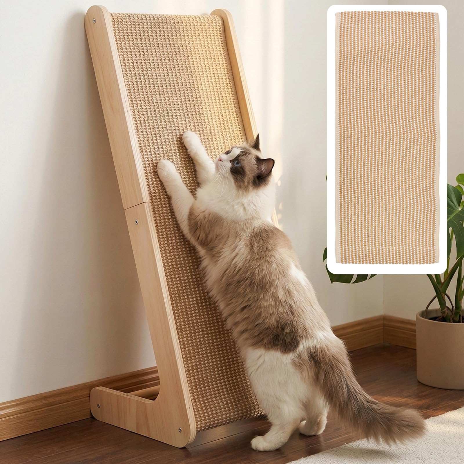Rascador para Gatos, Rascador en Forma de L con Almohadilla de Sisal 69CM Columna Rascadora de Sisal Natural con Rampa con 1 Tapete de Sisal de Repuesto, Protector de Muebles de Pared