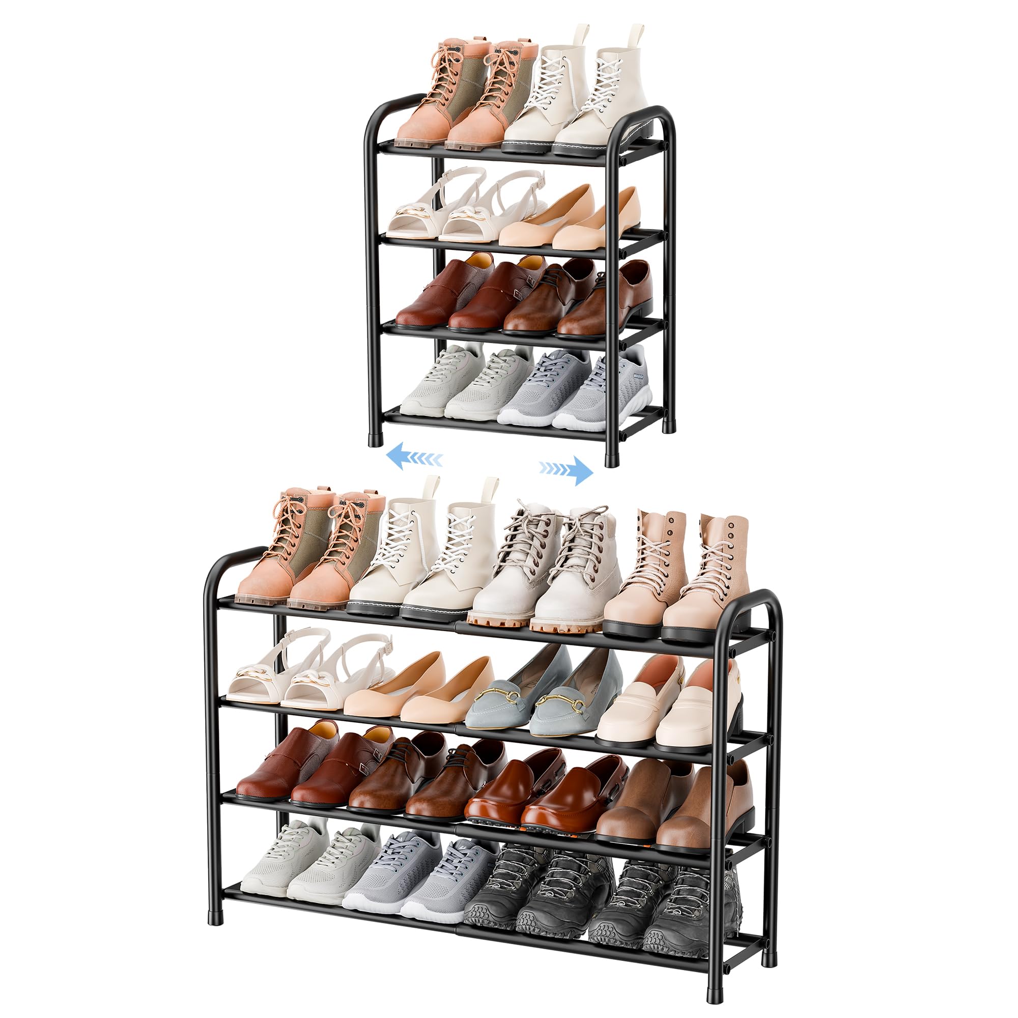 ENJOYBASICS Erweiterbares Schuhregal, 4 Ebenen, Verstellbarer Schuhständer aus Metall, 45 bis 83 cm, Schwarzes Schuhregal, Platzsparend für Flur & Eingangsbereich