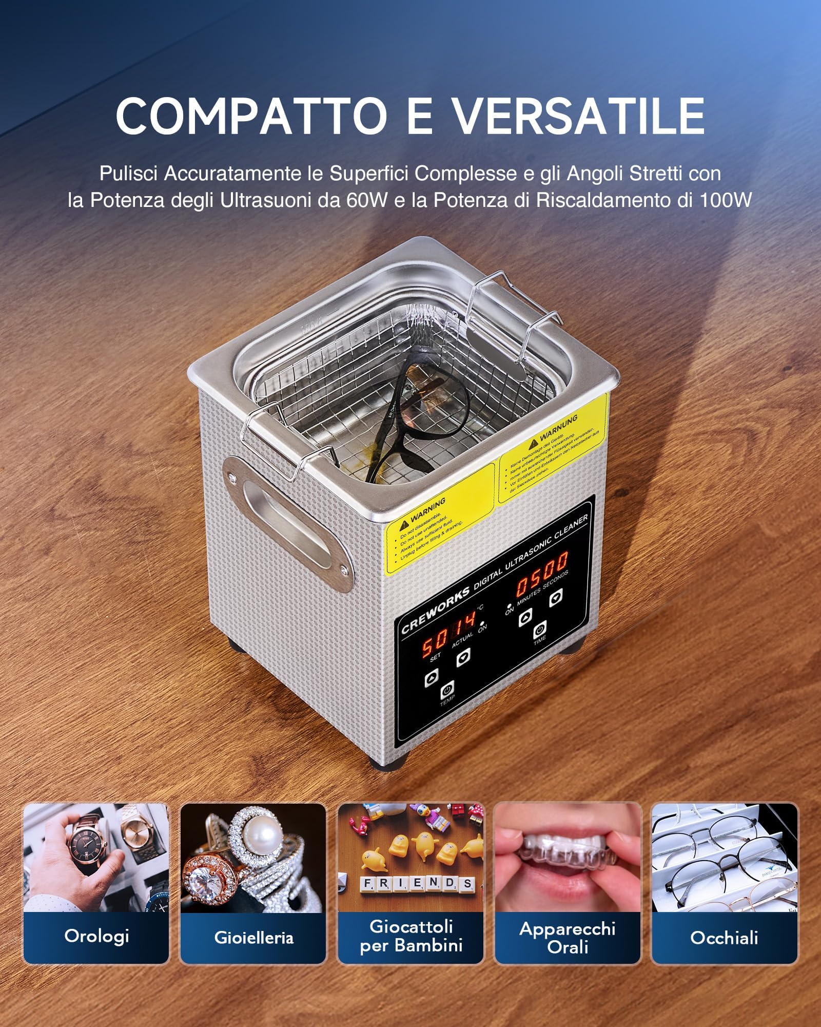CREWORKS Pulitore a Ultrasuoni 2L Professionale, Lavatrice Ultrasuoni 60W con Riscaldatore 100W e Timer Digitale, Vasca Ultrasuoni in Acciaio Inox SUS304 per Gioielli, Occhiali, Protesi, Monete