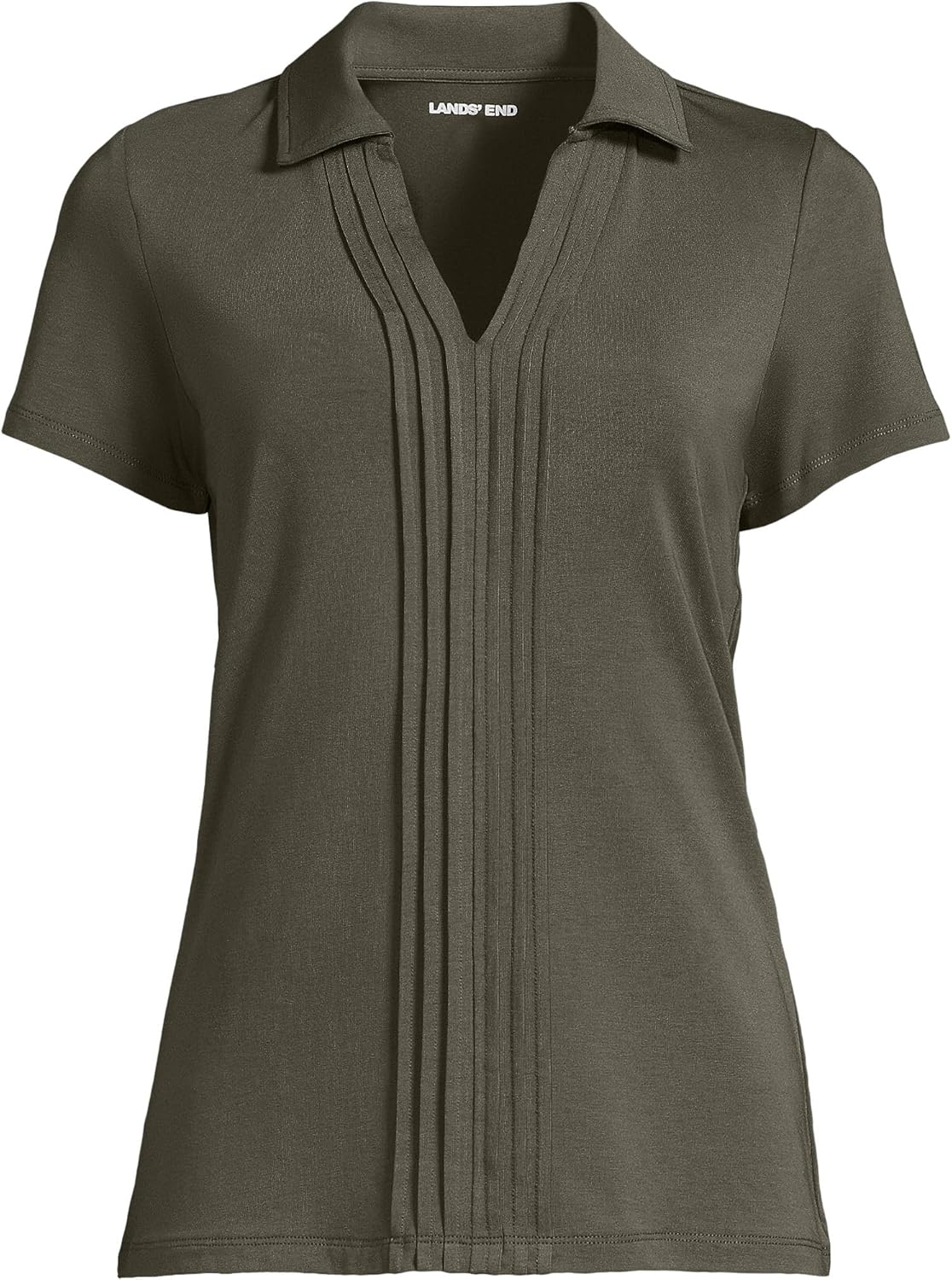 Lands' End Women's Short Sleeve Lightweight Jersey Pintuck Open Collar Polo