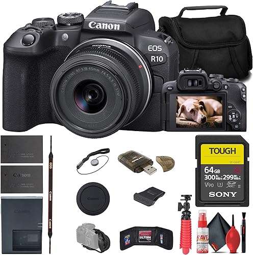 Canon EOS R10 Cámara sin espejo con lente de 0.709-1.772in (5331C009) + tarjeta SD resistente de 64 GB + bolsa + lector de tarjetas + trípode