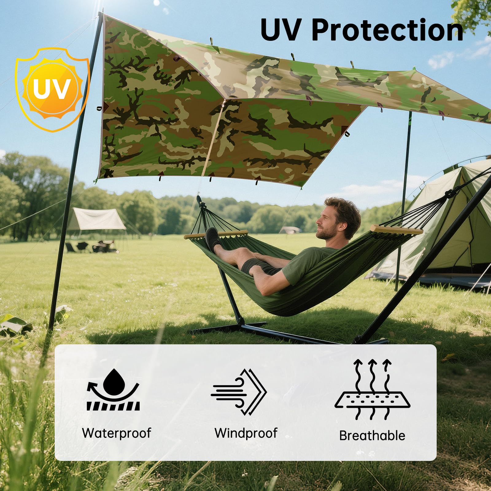 GRATIS SOLDIER Tarp Waterdicht 3m x 3,2m Tarp Ultralichte UV-bescherming Campingluifel Tent Multifunctioneel multifunctioneel groot zeildoek voor kamperen, wandelen, buitenactiviteiten Extra breed