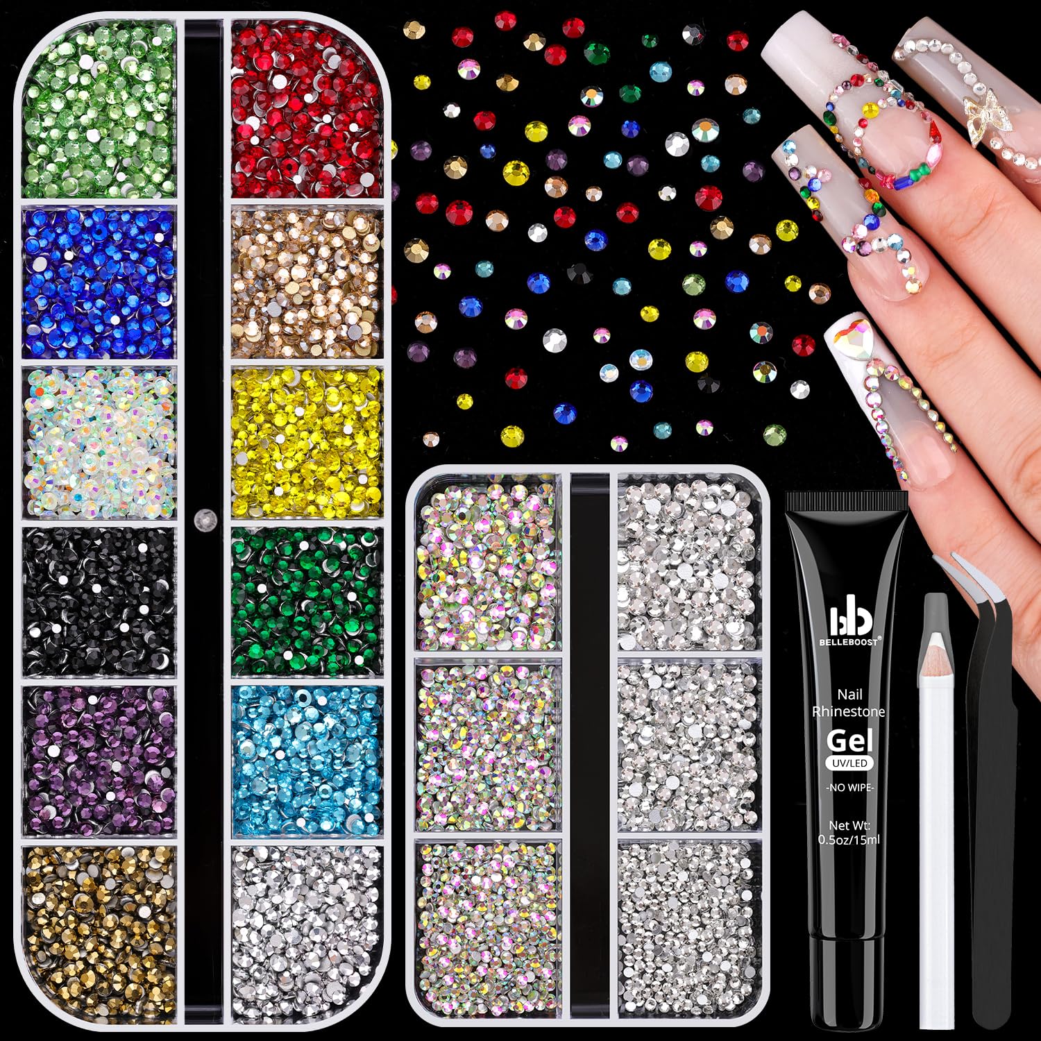 5400Pcs Glass Crystal Small Rhinestones for Nail Art with Nails Rhinestone Glue, AB Clear Multicolors Flatback Bedazzling Gems, Nail Rhinestones and