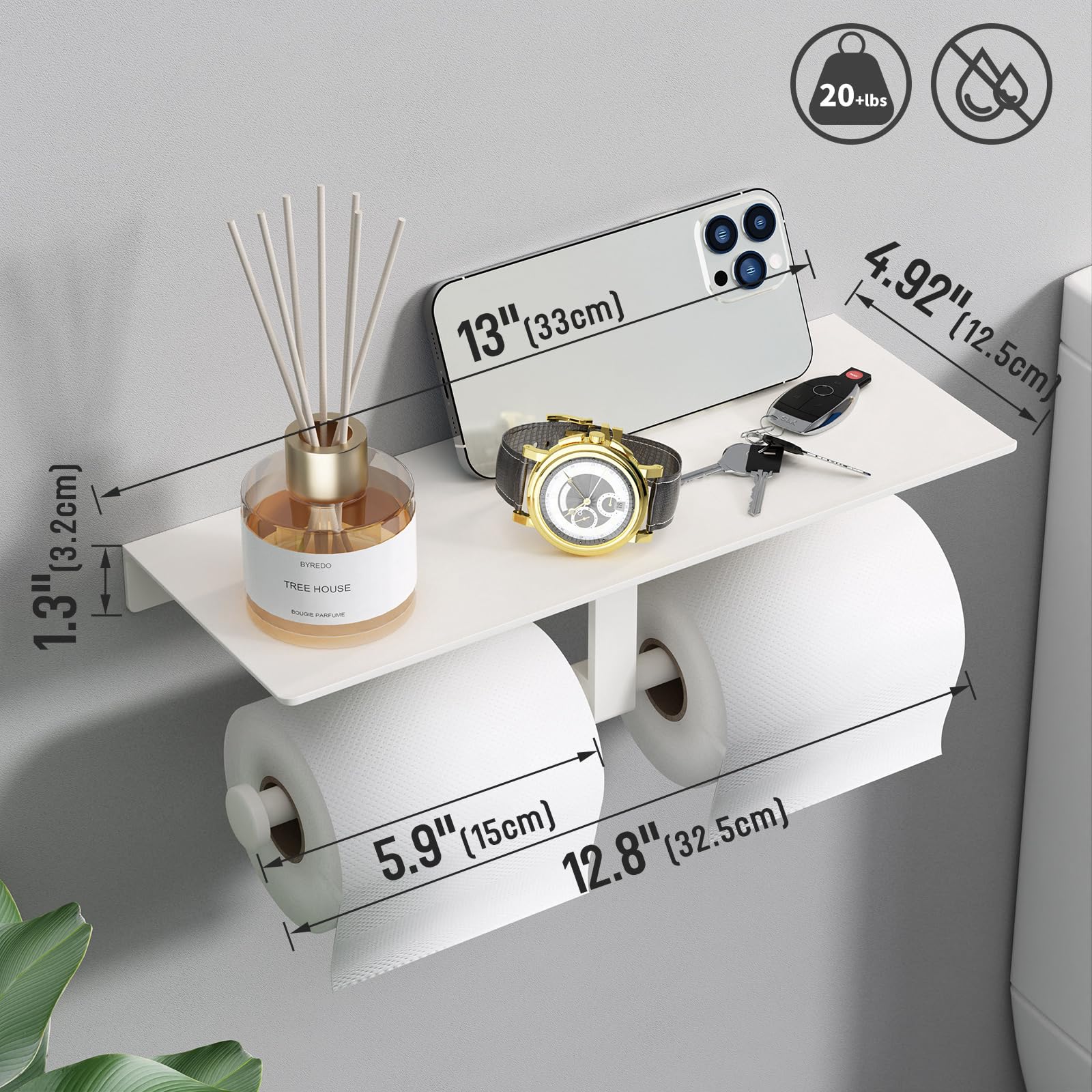 Porte-papier toilette double avec étagère, support mural pour papier toilette, distributeur de papier toilette commercial, blanc