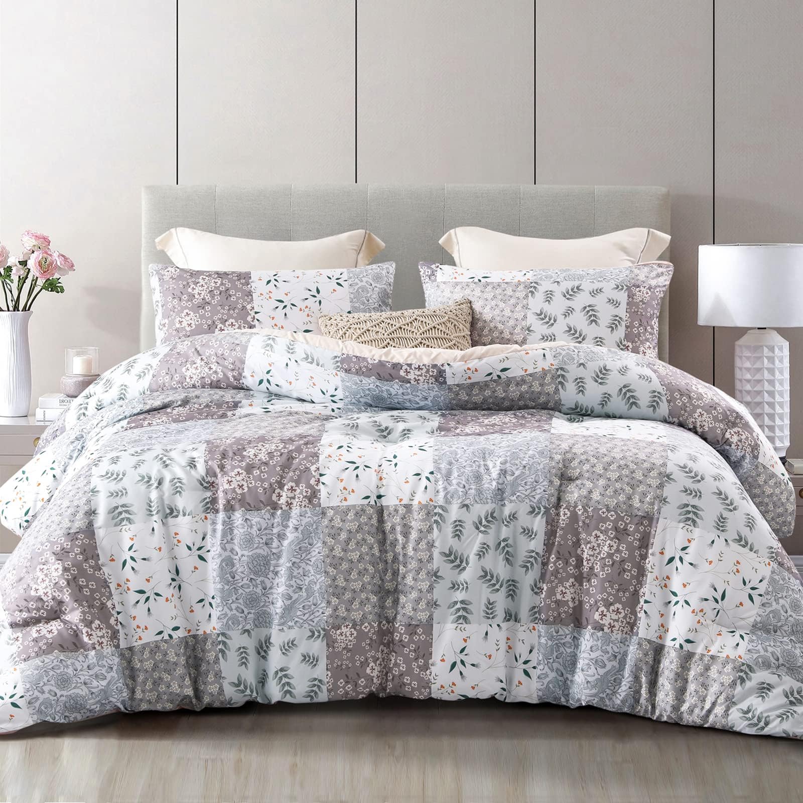 Whale Flotilla 7.5 Tog King Duvet Set, Soft Reversible Coverless Oversized Comforter Set with 2 Pillowcases, Patchwork Printed Down Alternative Bedding Comforters for All Seasons, Grey