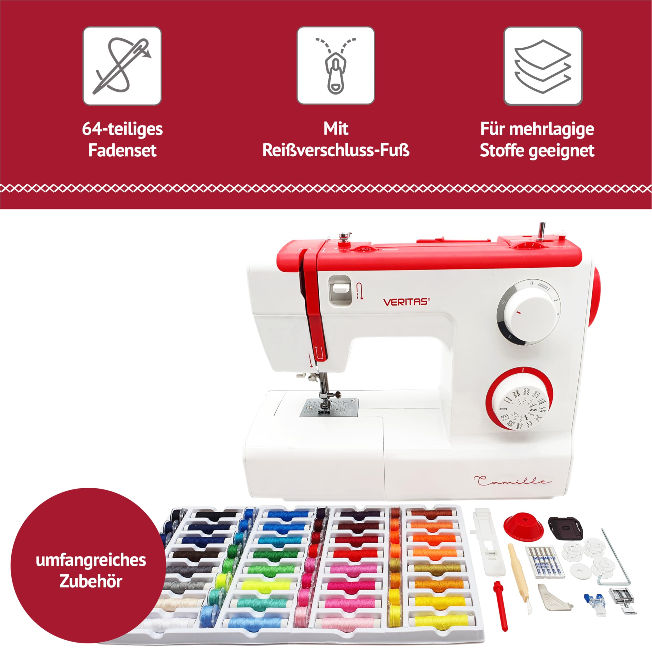 VERITAS Nähmaschine Camille I 32 Stichprogramme I Einfädelhilfe I Einstellbare Stichlänge & Stichbreite I Auto-Fadenspannung & Fadenabschneider I LED-Nählicht I Mechanische Nähmaschine (weiß-rot)