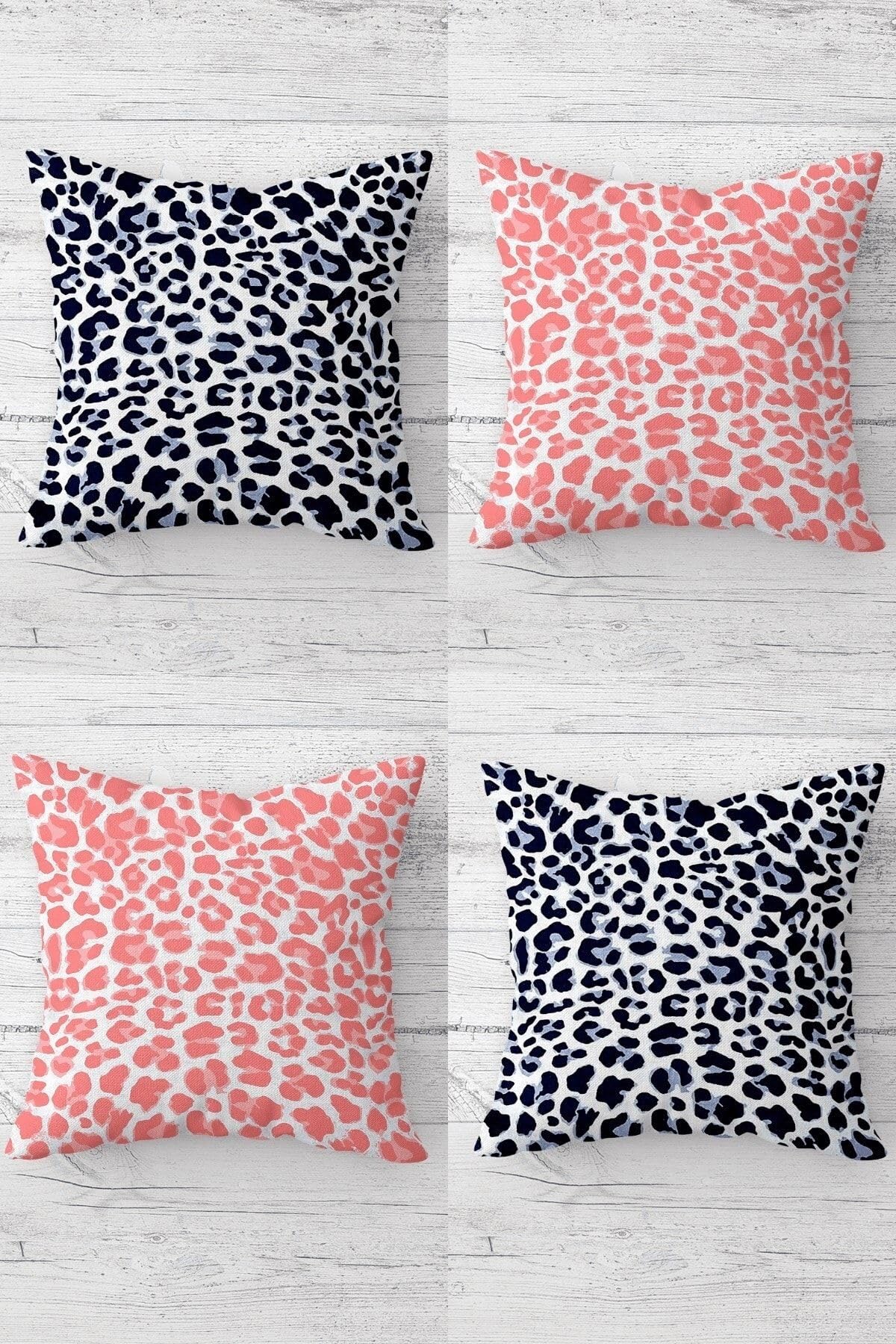 Pelangi Pembe Mavi Leopar Desenli Gizli Fermuarlı Kırlent Kılıfı Koltuk Yastık Kılıfı Takım(4adet), Mavi-Pembe 45 x 45