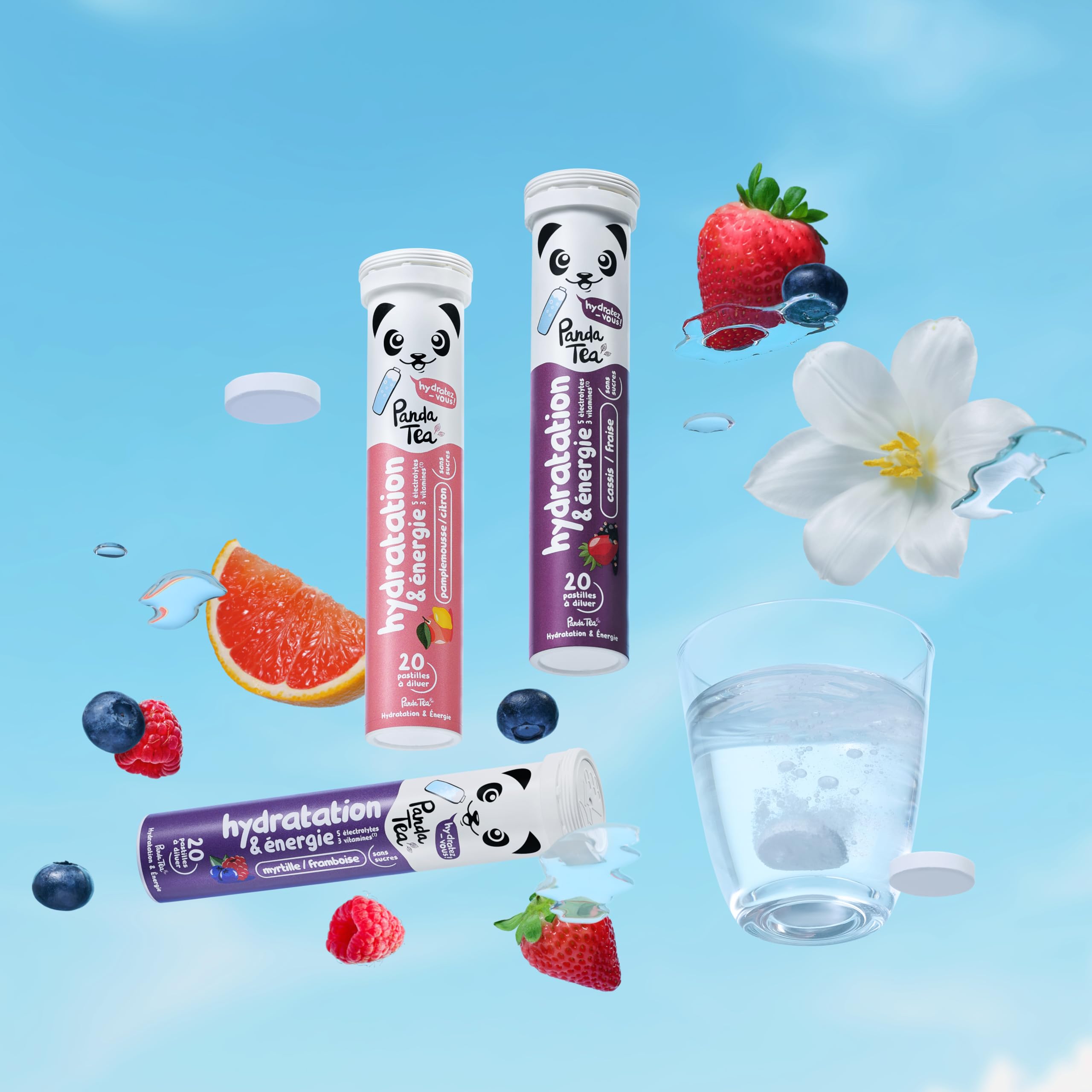 Panda Tea - Pastilles Hydratation & Énergie - Myrtille-Framboise - 3x20 Pastilles sans sucre - Electrolyte Ultra Hydratation - Idéale pour le Sport et le Quotidien