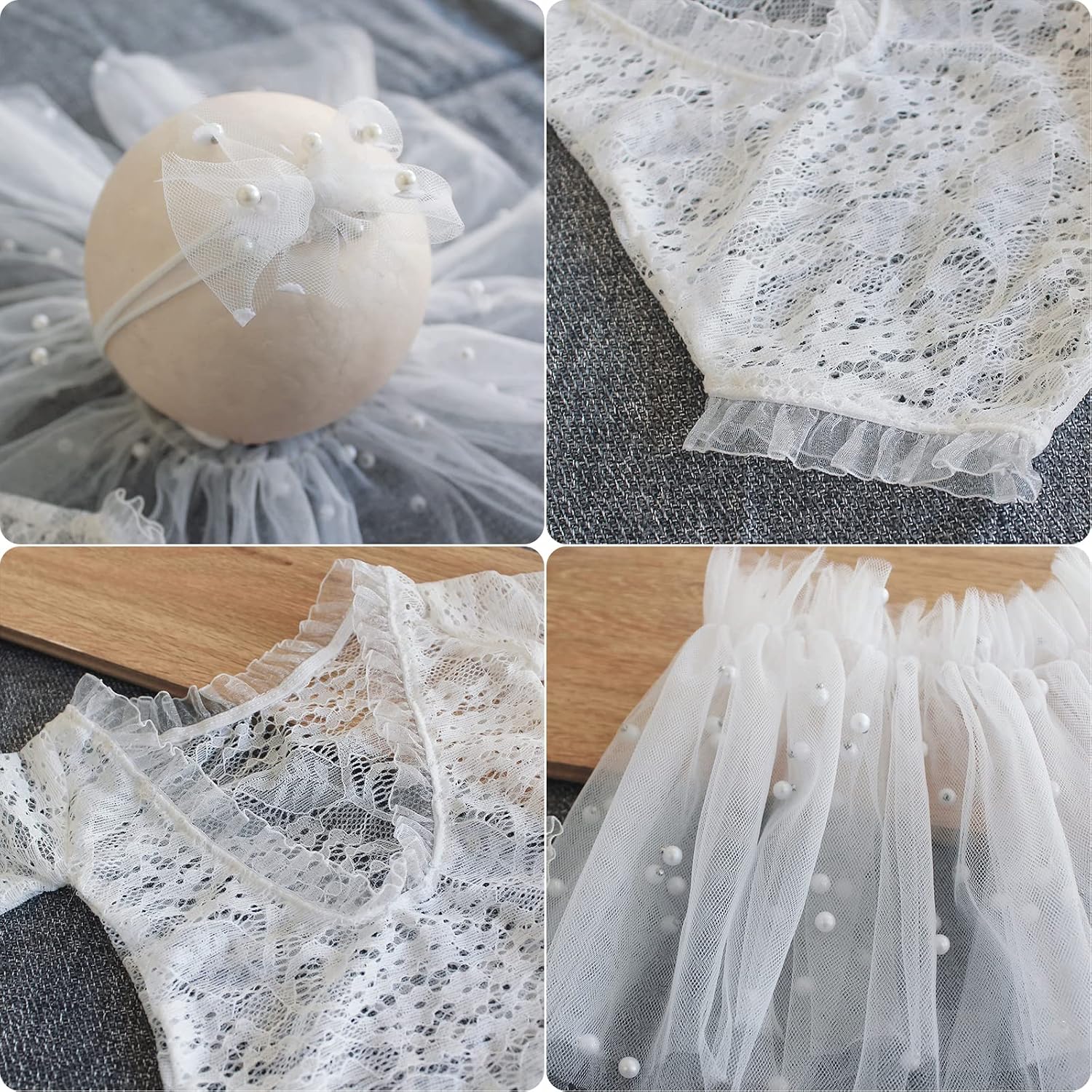 5 Pcs Newborn Baby Cute Pearl Lace Rompers Photography Props with Tutu Skirt Pearl Headband Bracelet, White Newborn Photography Outfits Girl for Photoshoot