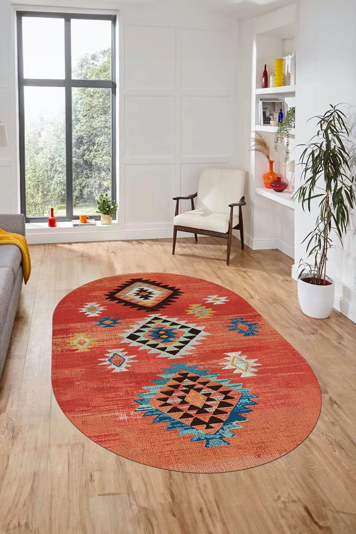 Evdeya Dijital Baskılı Kaymaz Taban Yıkanabilir Etnik Desenli Oval Mutfak Salon Halısı O-ETNİK-01, Kırmızı, 40 x 60