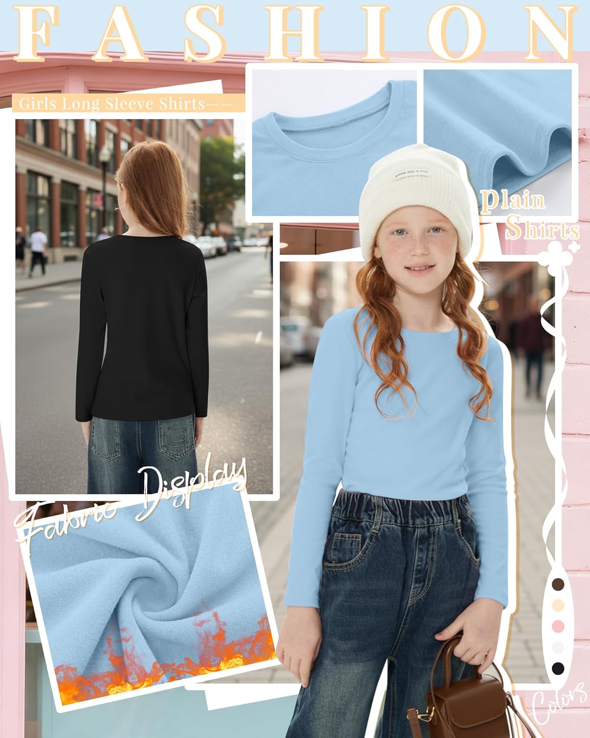 5 Pack Girls' Long Sleeve Thermal Shirts Round Neck Fleece Lined Underwear Casual Basic Tops Winter Base Layer - Image 2
