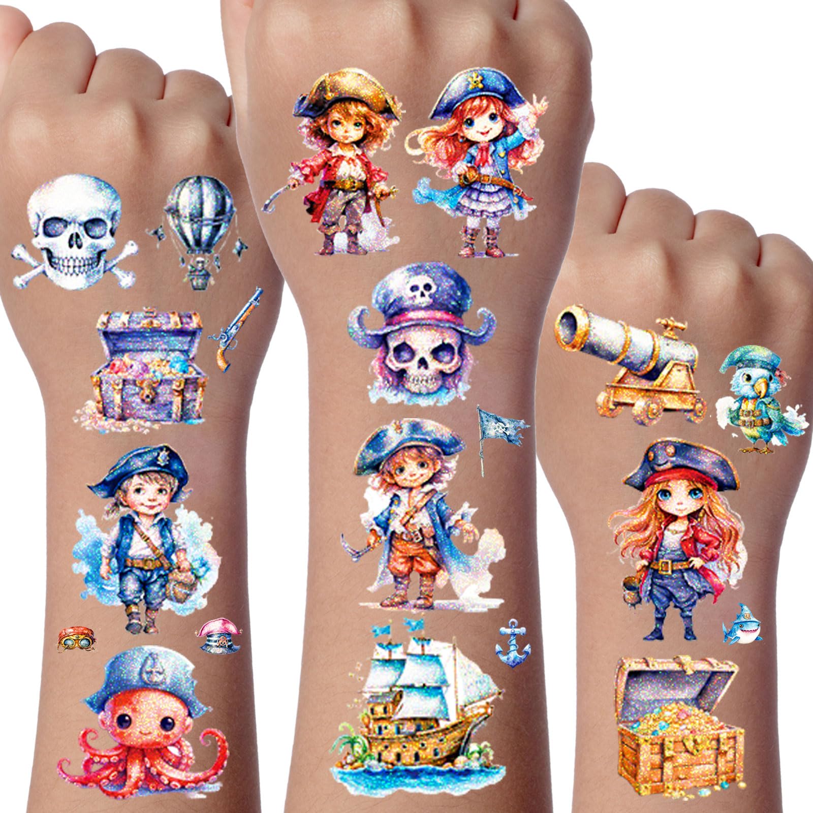 Piratentattoos für Kinder, 12 Blätter, Glitzer, Füllung für Taschen, Geschenk für Jungen und Mädchen