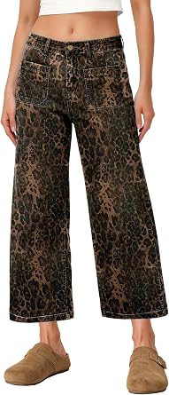 Women Checkered Cropped Jeans Straight Leg Stretchy Denim Pants with Pockets