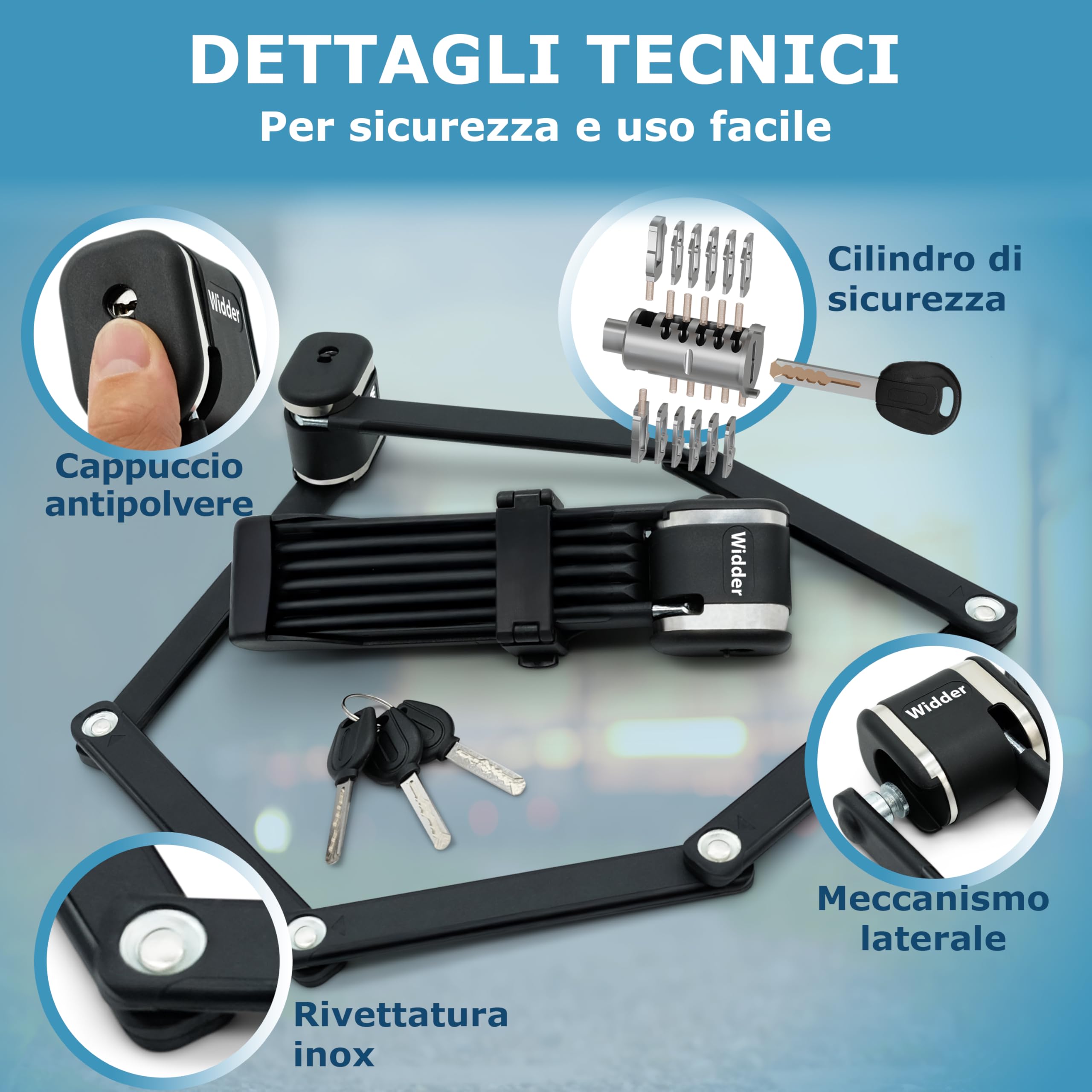 WIDDER Antifurto pieghevole bici estremamente sicuro, acciaio titanio, 99cm | Antifurto alta sicurezza, Acciaio titanio livello 15 | chiave [3x] & supporto | Lucchetto a maglie per E‑bike, scooter & bici