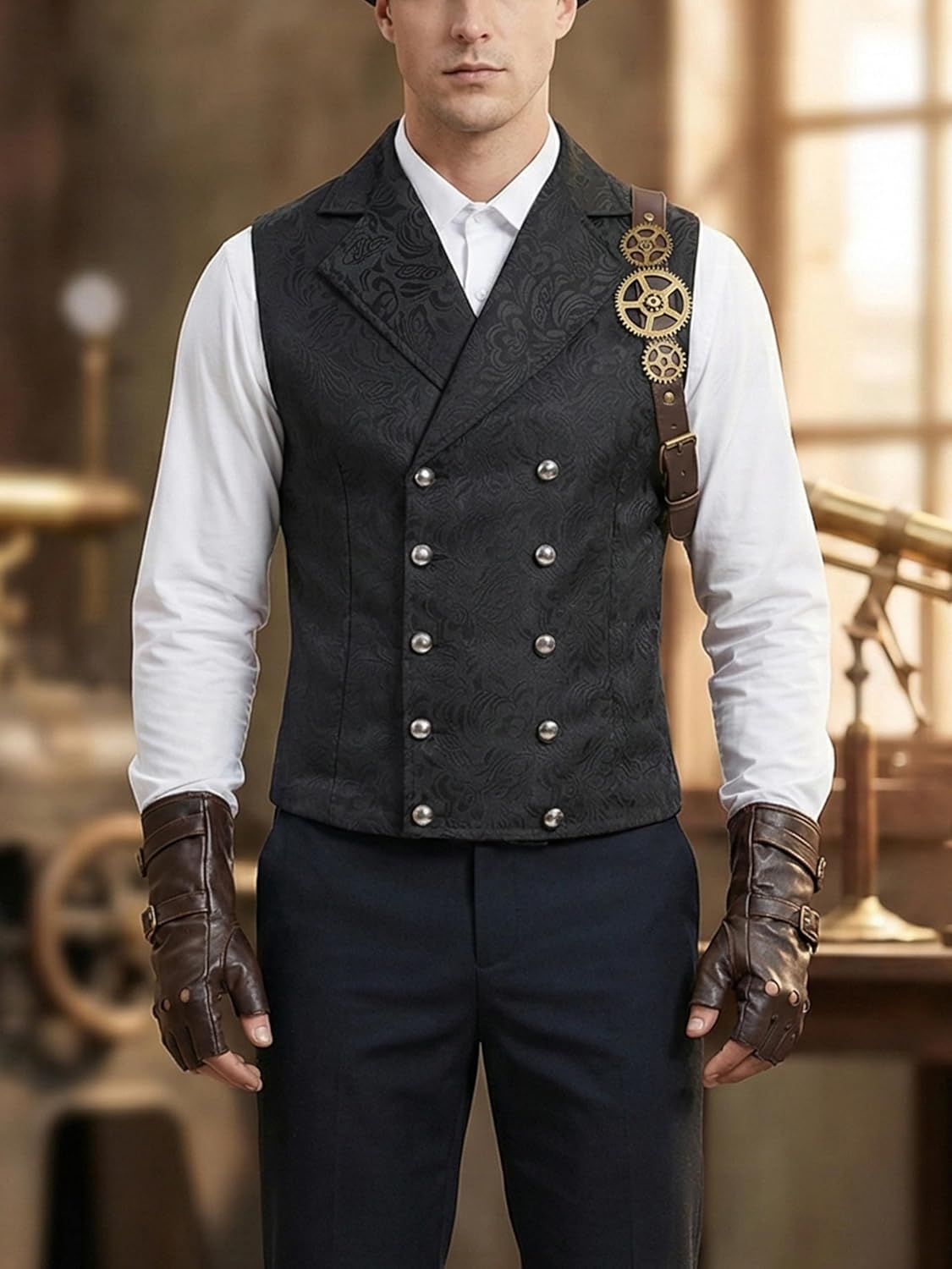 Men Victorian Suit Vest Black Steampunk Vest Waistcoat Double Breasted Jacquard Gothic Renaissance Vest for Men - Image 3