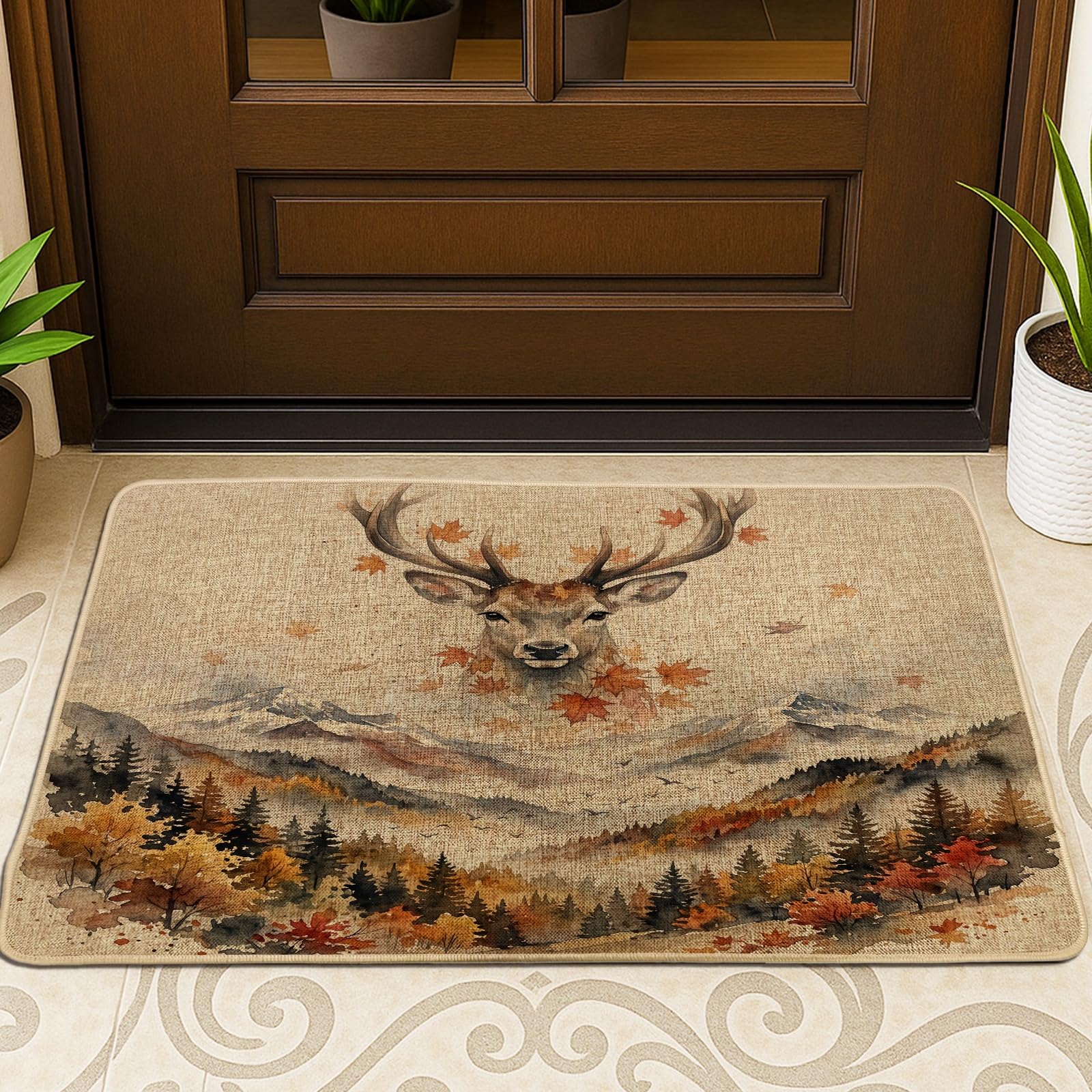 Paillasson noir cerf d'automne 73x43 cm antidérapant pour entrée et patio forêt