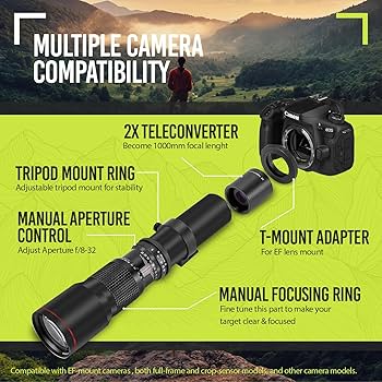 Amazon | ハイパワー500mm/1000mm F/8手動望遠レンズ、ブラック