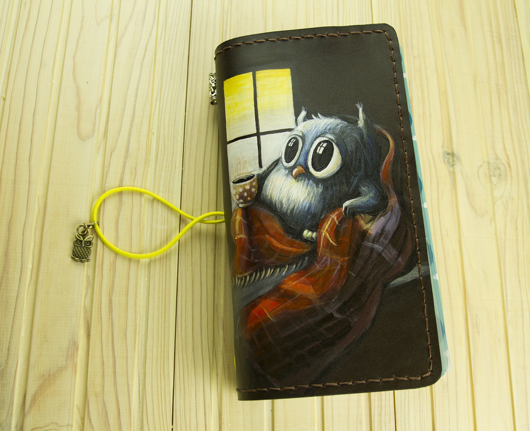 Midori Travelers Notebook - Owl Art - Owl Journal - Home Decor - Art Notebook, Art Journal, Daily Planner - Hand Painted Leather Journal