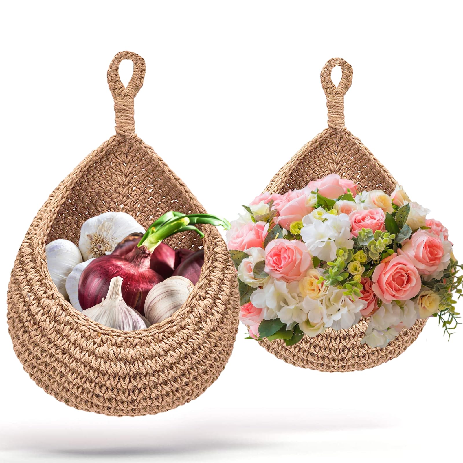 Hendiy Hanging Basket, Hanging Wall Basket Jute Hanging Fruit Baskets for Kitchen 2 Pack Hand Woven Hanging Basket for Fruits Vegetable Potato Onion Storage Flower Basket