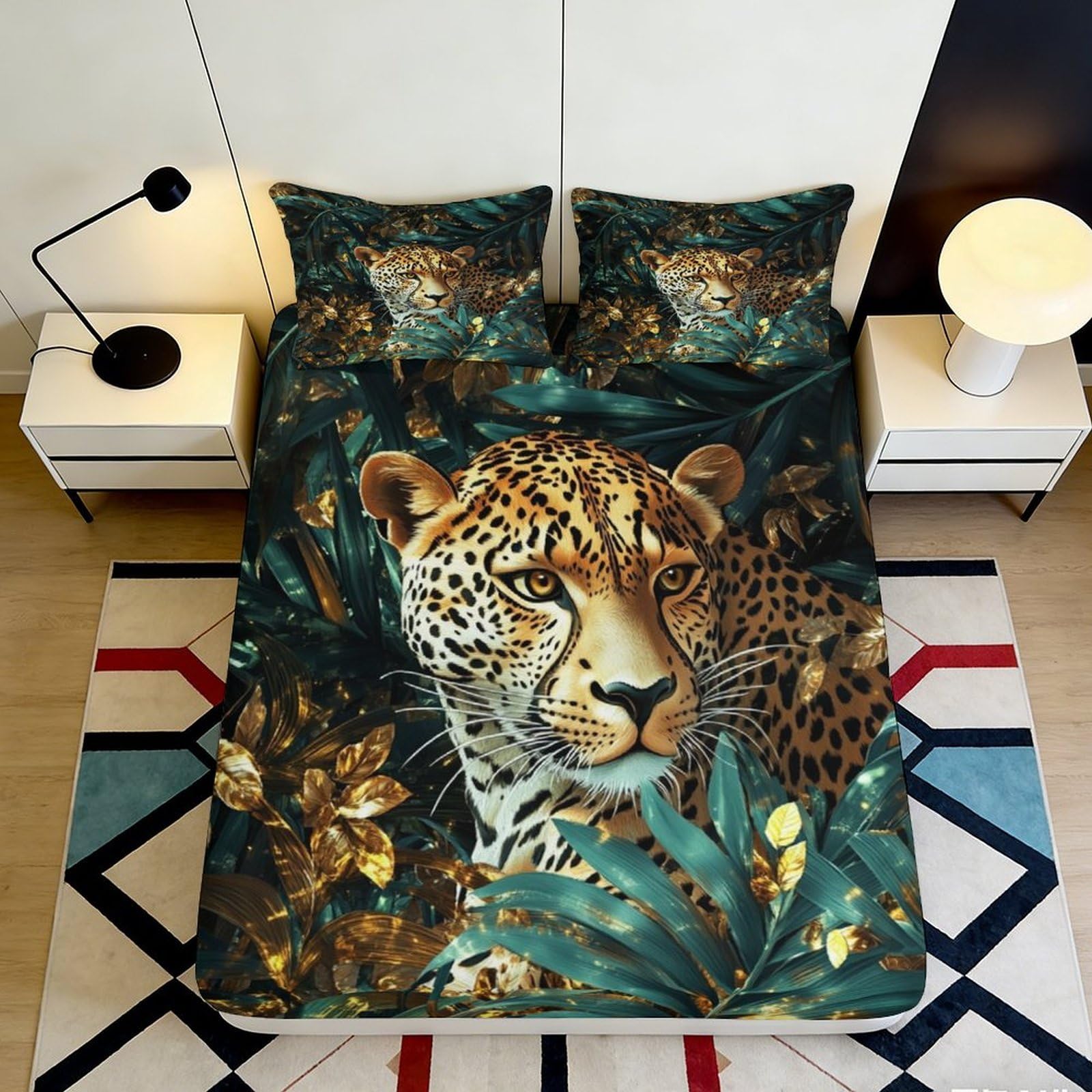 3D Printed Leopard Pattern Fitted Sheet Microfiber Soft Breathable Jungle Leaves Bed Cover for Bedroom Dormitory Guest Room Mattress Protection 160x200x25cm