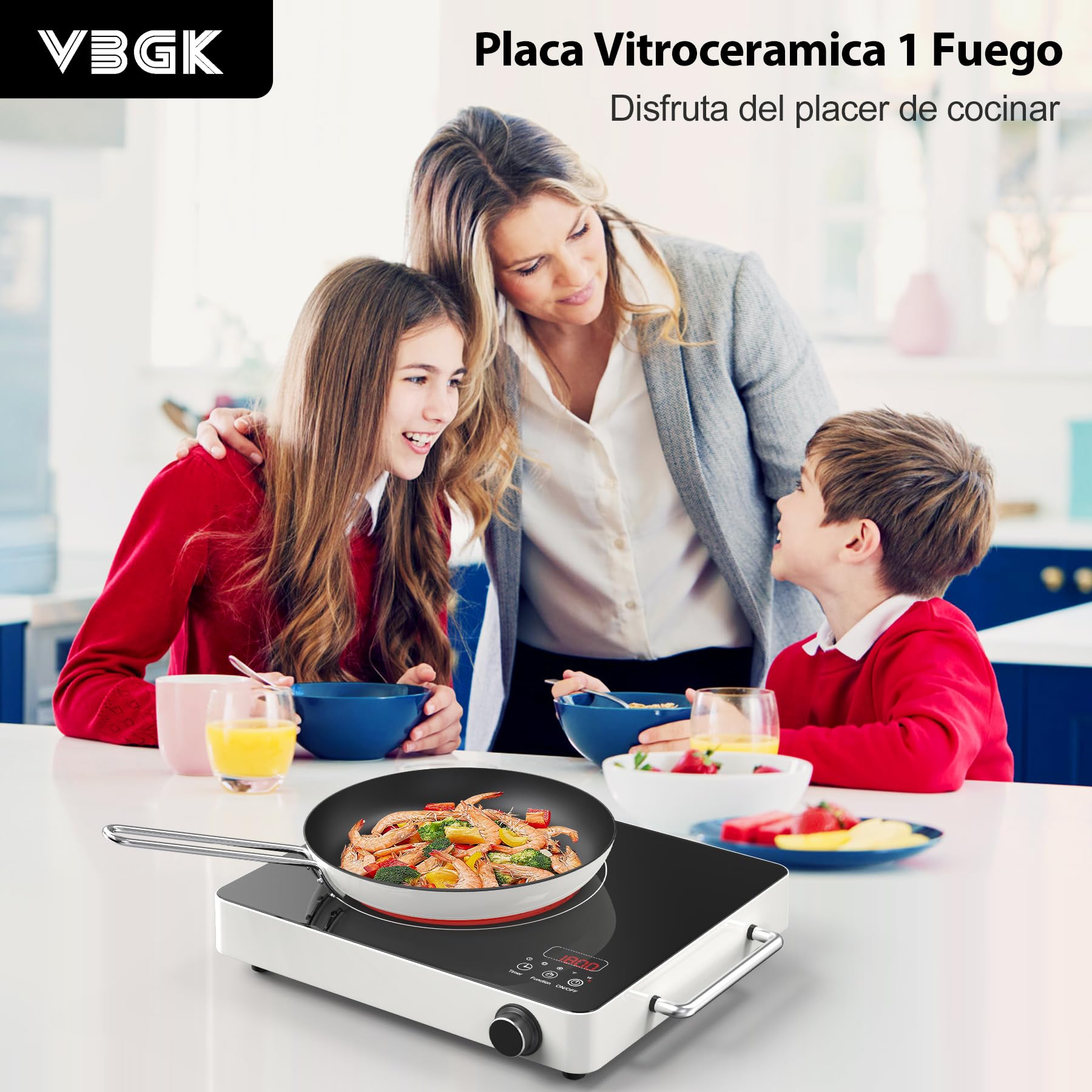 VBGK vitro portatil 1 fuego,220V Toque y perilla placa vitroceramica portatil,2000W vitroceramica portatil,10 niveles de potencia, bloqueo de seguridad para niños y temporizador 4H,