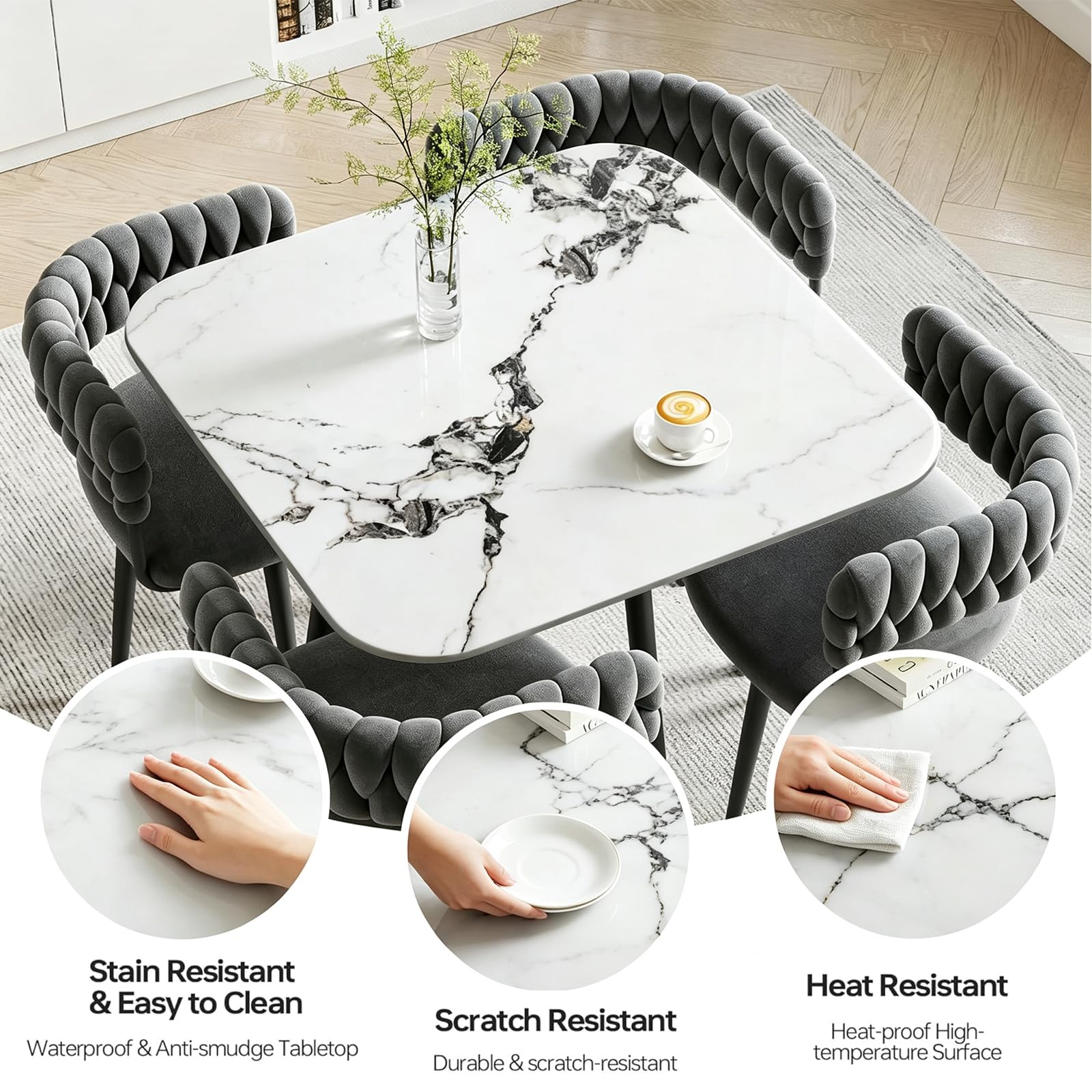 Juego de comedor moderno de 5 piezas: mesa cuadrada de piedra sinterizada con 4 sillas acolchadas de poliuretano, diseño de mármol blanco, ahorra espacio para comedor y apartamento