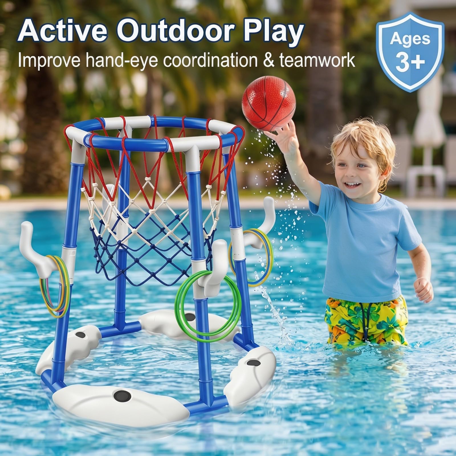 Pool Basketballkorb, 2-in-1 Pool Basketballkorb mit Ringwurfspiel für Kinder und Erwachsene mit 2 Bällen, 12 Ringen und Pumpe, Schwimmender Pool-Basketballkorb für Wasserspielzeug Sommer-Poolparty