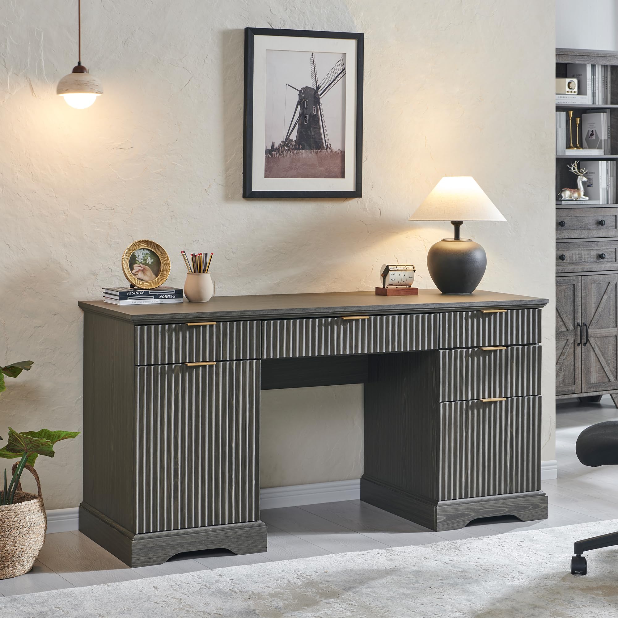 JXQTLINGMU 58" Modern Executive Desk with Storage, Wood Home Office Desk with Drawer & Cabinet, Fluted Computer Writing Desk for Study, Living Room, Bedroom, Grayish Green Grayish Green 22"D x 58"W x 30H"