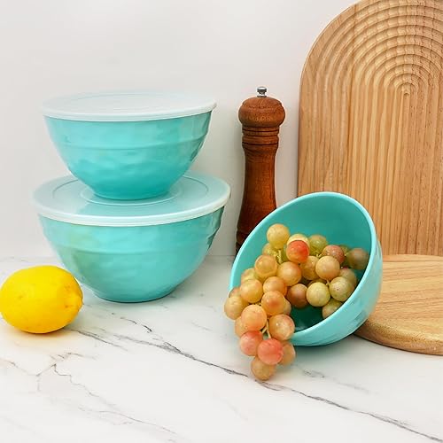 Miniatura 6 de TP Juego de 3 cuencos para mezclar con tapas, juego de cuencos de melamina para pasta, hornear ensalada, juego de 3, turquesa brillante