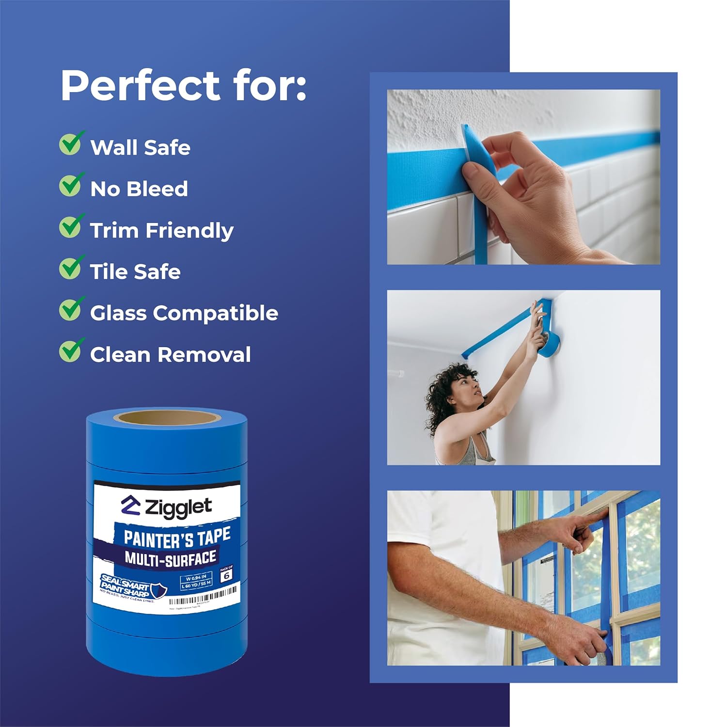 Blue Painters Tape – Wide Masking Tape for Painting Walls & Trim, Clean Removal, No Residue – Heavy Duty Blue Tape for DIY, Multi‑Surface Paint Tape for Professionals - 60 Yards | Pack of 6