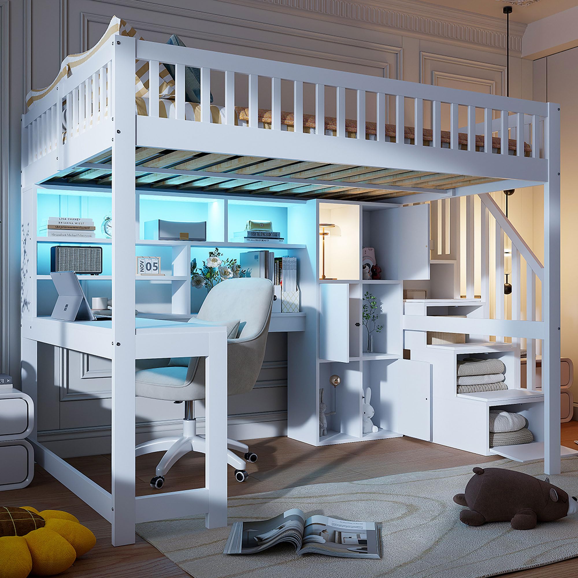 Moimhear Letto a soppalco, 140 x 200 cm, con luci a LED, scaletta ripiani, ripiani, scrivania, in legno di pino+MDF + Plywood, adatto per bambini e ragazzi (bianco)