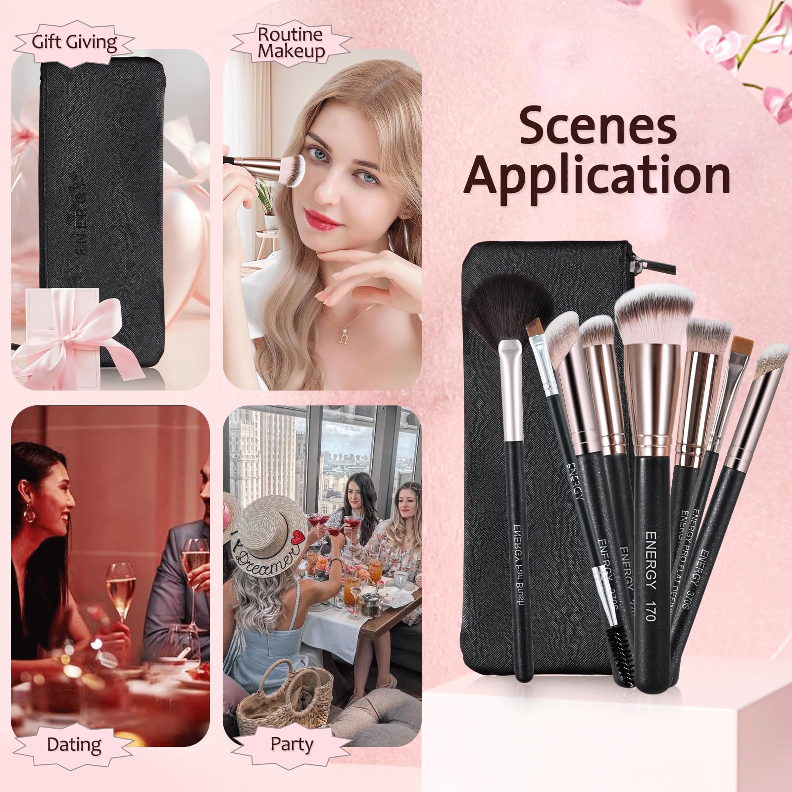 ENERGY Set di pennelli da trucco professionali per fondotinta, correttore, contorno naso, sopracciglia, eyeliner, pennelli piatti per il viso, per fondotinta liquido, crema, polvere, gel, miscelazione