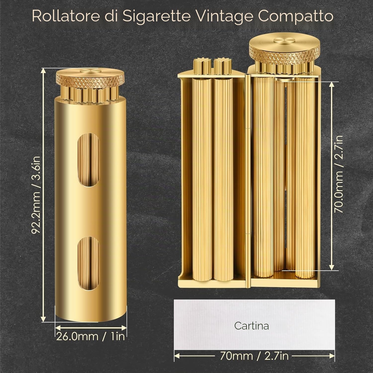 Rullo per Sigarette Vintage, Rullo per Sigarette in Ottone Rullo, Laminatoio per Sigarette in Rame Puro Fatto a Mano Supporta Carta per Sigarette da 70 mm,Round,ZA