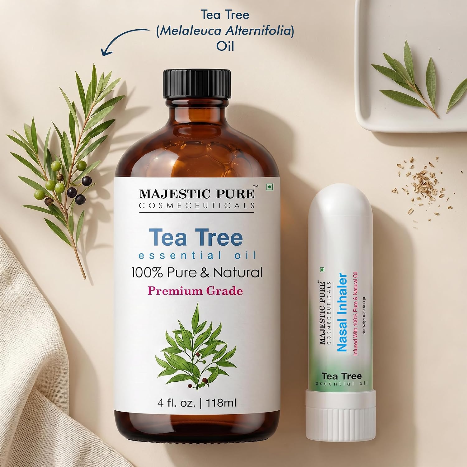 Majestic Pure Tea Tree Essential Oil, 4 Fl Oz | With Nasal Inhaler